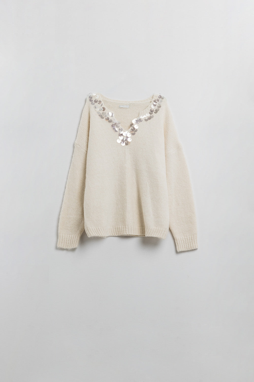 Cream V-Neck Pullover with Sequin Details - Elegant Women's Top for Parties, Dates & Special Occasions
