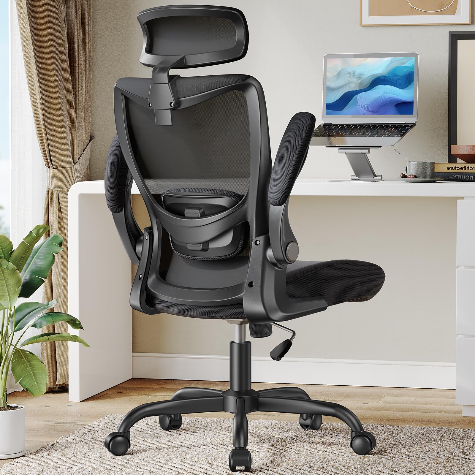 Ergonomic Office Chair with Adjustable Lumbar Support & Headrest - High Back Mesh Computer Chair with Flip-Up Armrests & Wheels for Home Office, Executive Workspace & Gaming Setup
