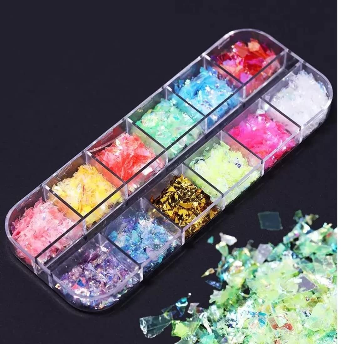 12 Colors Glitter Flakes Nail Shell Paper - Mylar Flakes & Broken Glass Mirror Stickers for Nail Art, DIY Crafts, Festival Makeup & Decoration | Perfect for Nail Salons, Home Decor & Party Supplies