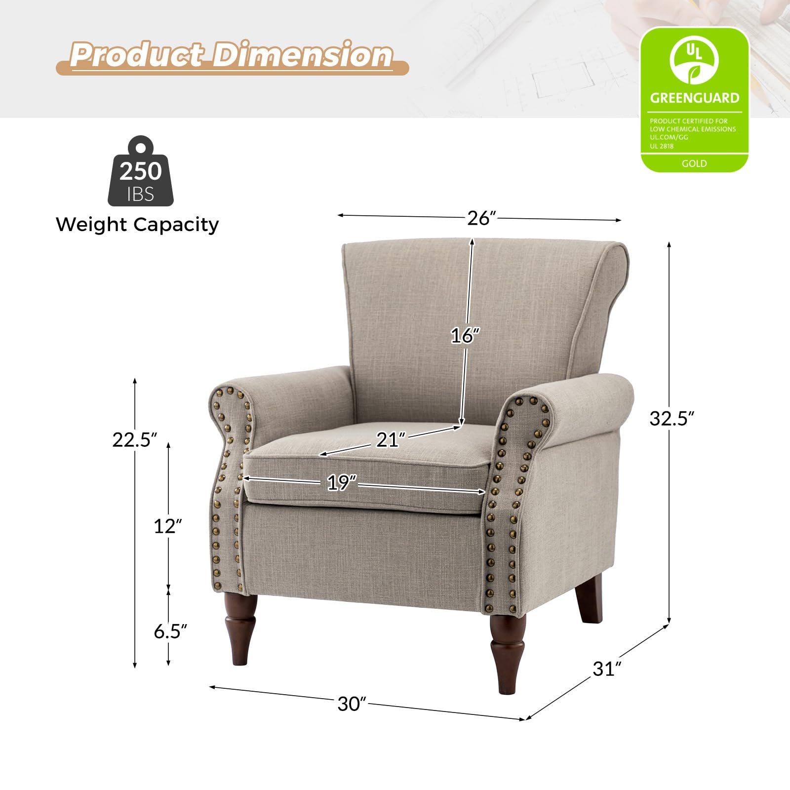 TINA'S HOME Modern Accent Chairs Set of 2 - Wooden Legs & Nailhead Trim Fabric Upholstered Armchairs with Removable Cushions - Living Room, Bedroom, Office Lounge Seating - Grey Club Chairs for Home Decor & Relaxation
