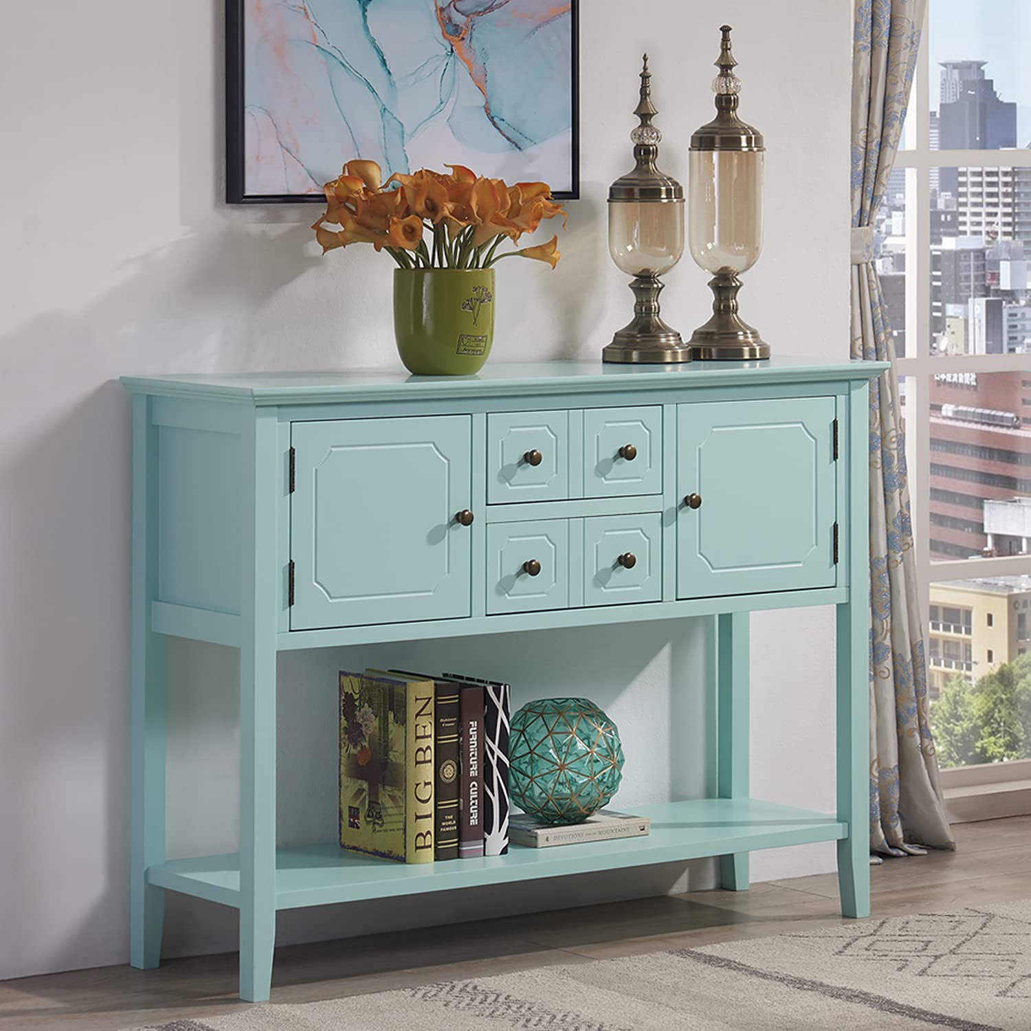 Modern Solid Wood Console Table with 2 Cabinets & 2 Drawers - Entryway Sofa Table with Storage Shelf - Light Blue Hallway Furniture for Living Room (45.3