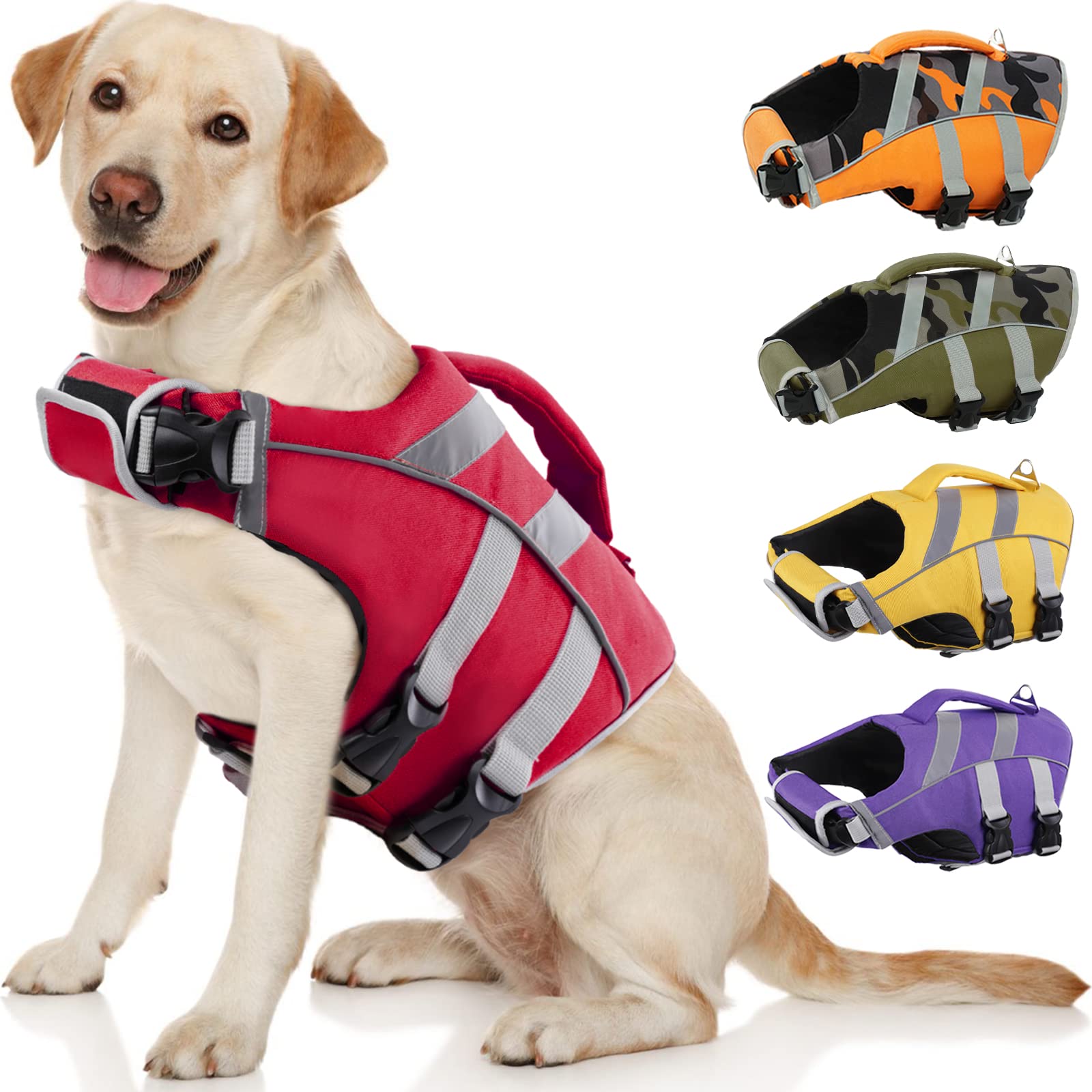 Kuoser Dog Life Jacket with Reflective Stripes - Adjustable High Visibility Ripstop Pet Life Vest for Swimming & Boating - Flotation Swimsuit for Small, Medium & Large Dogs - Perfect for Pools, Lakes & Beach Safety