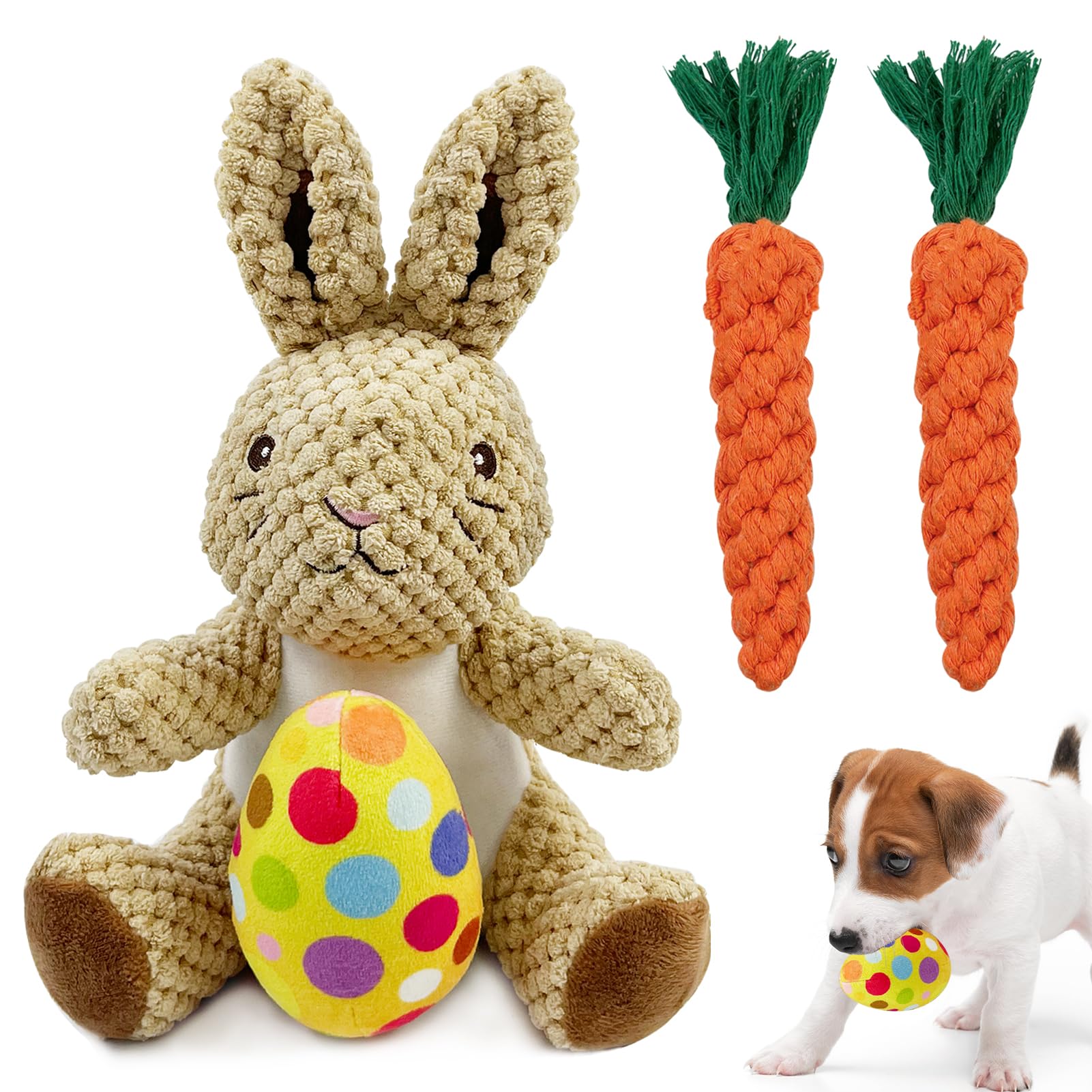 4 Pcs Easter Dog Squeaky Toys - Plush Bunny Rabbit Stuffed Animal with Crinkle & Rope Carrot - Interactive Easter Gift for Small Medium Dogs - Perfect for Easter Egg Hunts & Puppy Playtime