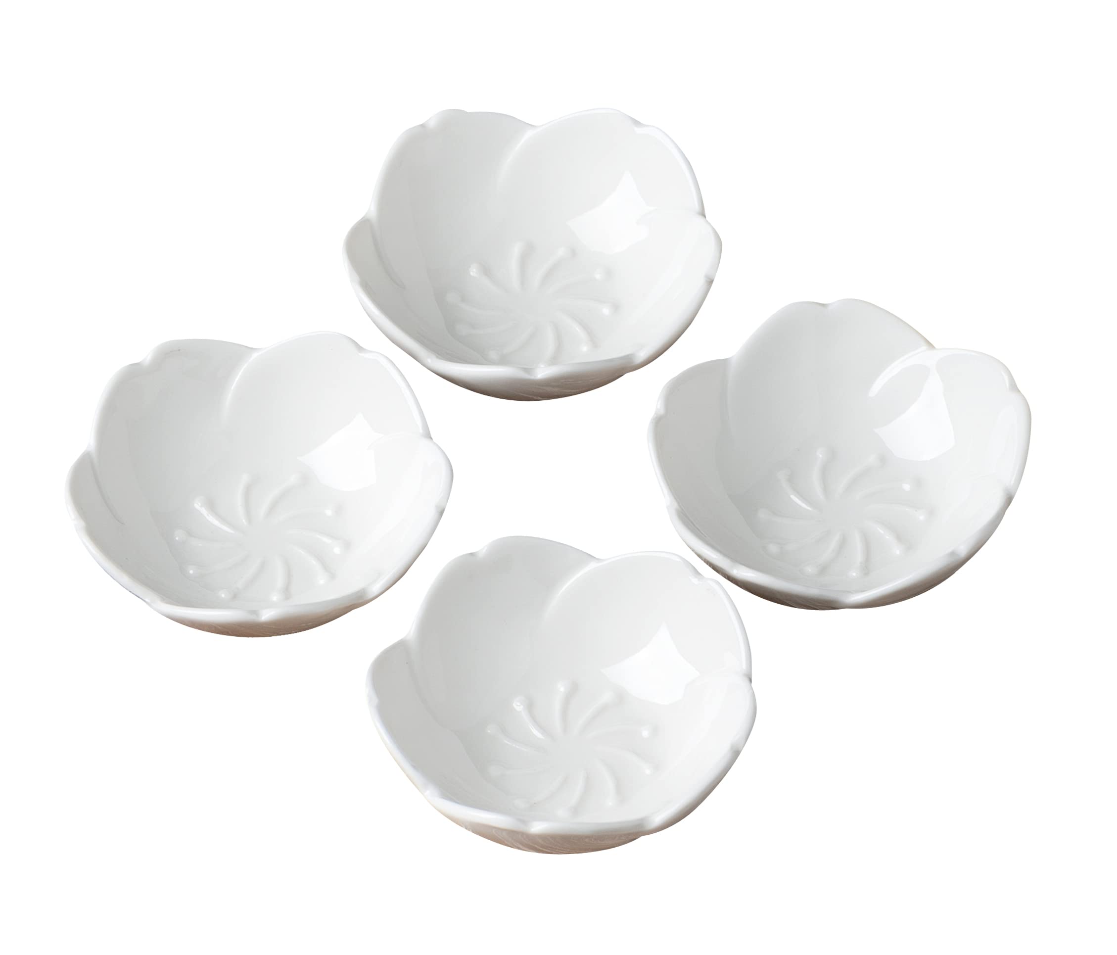 Jusalpha 4-Piece White Ceramic Sauce Bowls Set - Cherry Blossom Design Sushi Soy Sauce Dipping Dishes, Seasoning Bowls, Dessert Plates for Home Kitchen, Party Serving & Appetizer Display - Perfect for Japanese Cuisine, Tea Time & Entertaining Guests
