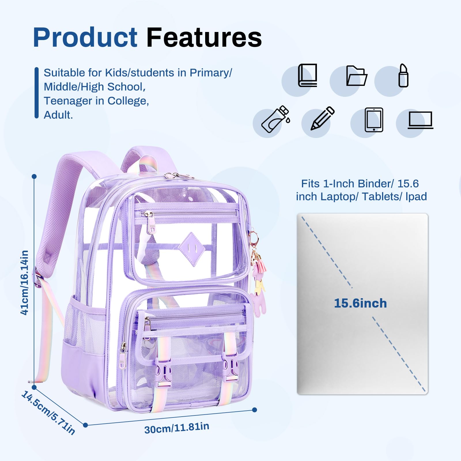 Clear Backpack for School & Travel - Heavy Duty PVC Transparent Bookbag with Multiple Pockets for Women & Teens | Waterproof See-Through Stadium Bag with Leather Pendant (Pink) - Perfect for School, Concerts, Airport Security & Theme Parks