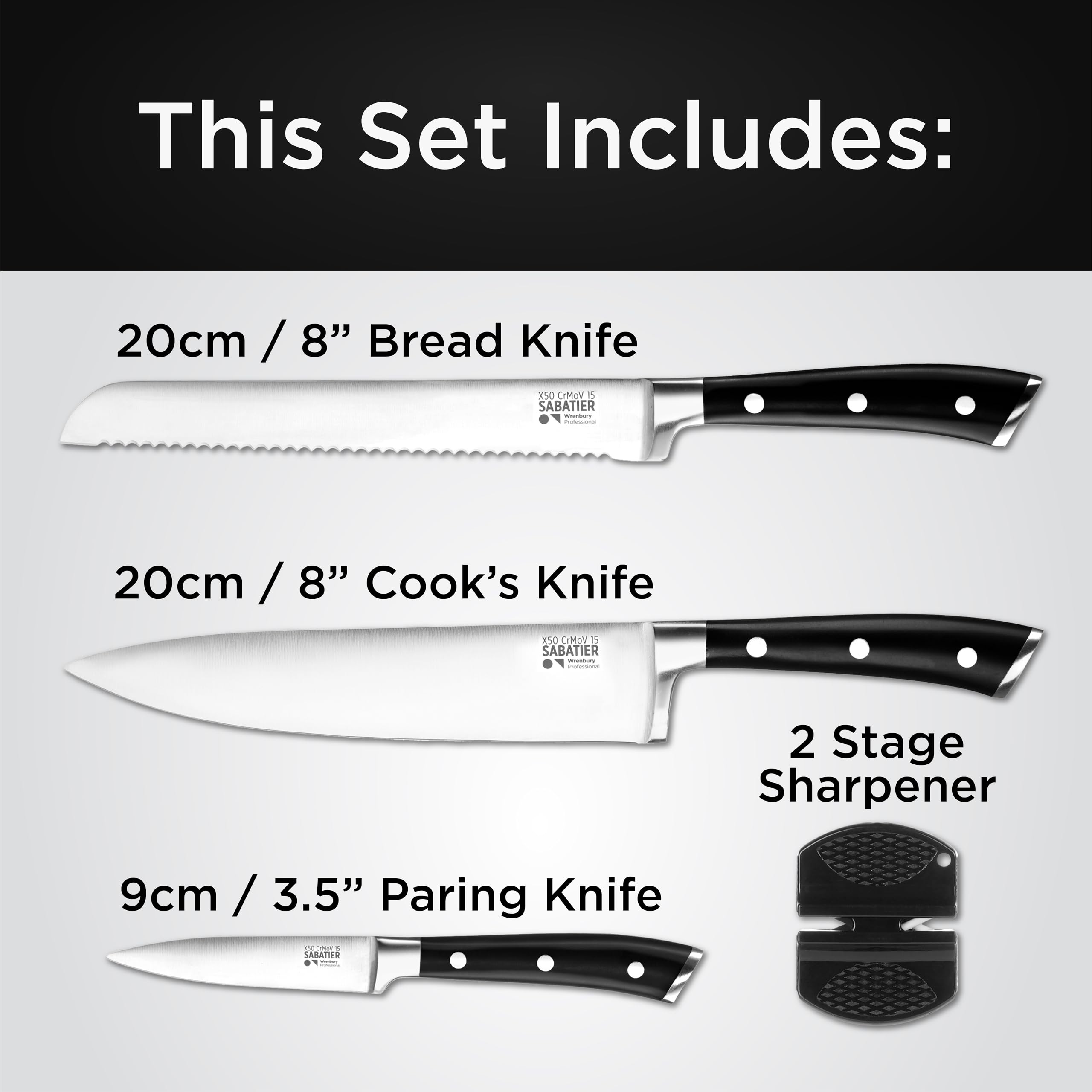 Wrenbury Professional 3-Piece German Stainless Steel Kitchen Knife Set - Ultra Sharp Sabatier Chef, Utility & Paring Knives with Sharpener - Full Tang Design for Precise Cutting - Perfect for Home Cooking, Meal Prep & Professional Kitchens