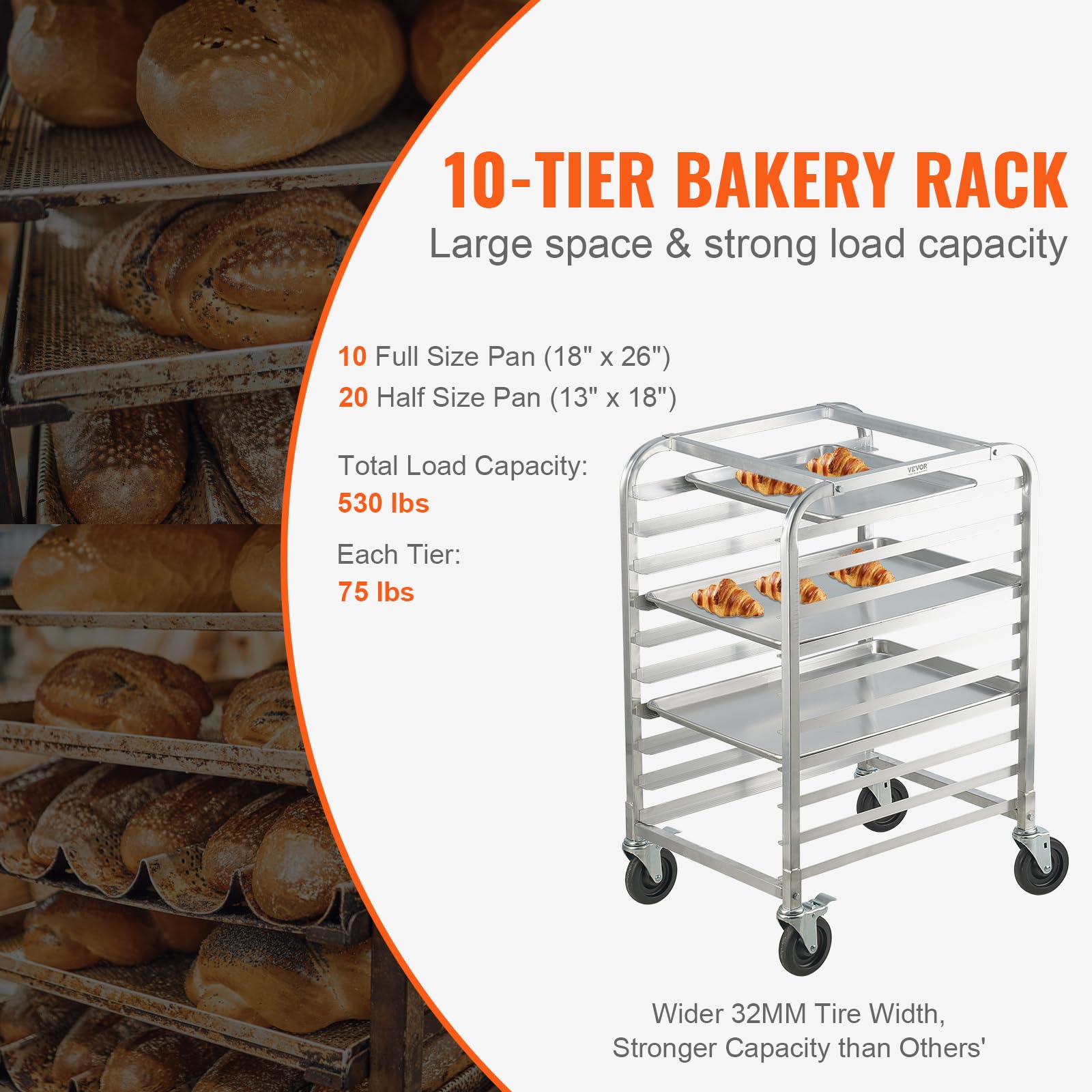 VEVOR 10-Tier Commercial Bun Pan Rack with Brake Wheels - Aluminum Bakery Storage Cart for Half & Full Sheet Pans - Heavy Duty Kitchen Speed Rack for Bread, Pastry, and Baking Equipment (26
