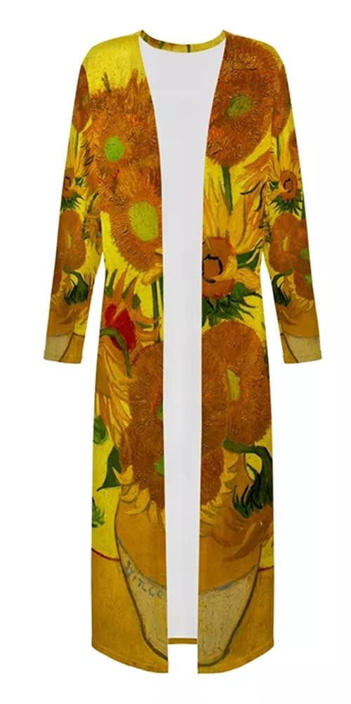 ENLACHIC Women's Van Gogh Oil Painting Print Long Sleeve Open Front Cardigan Sweater - Cozy Fall Layering Piece for Work, Travel & Casual Outfits