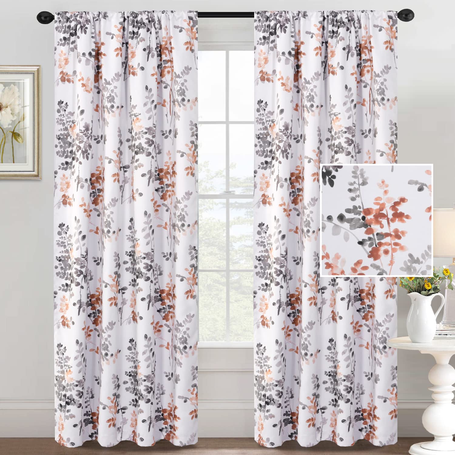 H.VERSAILTEX 84 Inch Floral Print Blackout Curtains - 2 Panels, Rod Pocket Window Treatments for Bedroom in Classic Grey & Coral Floral Pattern | Perfect for Home Decor, Living Room & Nursery Light Control
