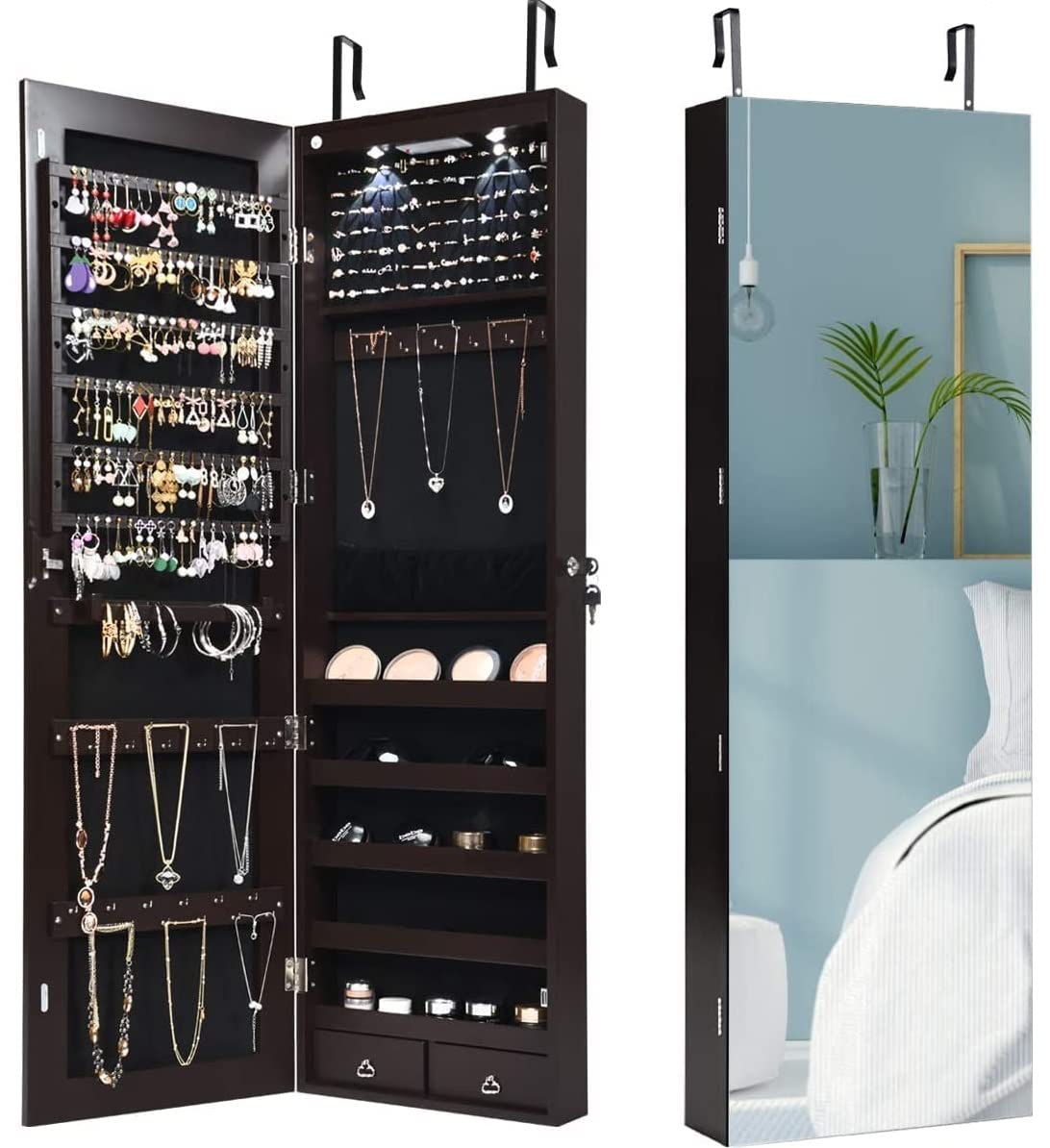 Hysache Full-Length Mirror Jewelry Armoire with LED Lights - Lockable Wall Mount Jewelry Cabinet Organizer with Makeup Pouch, Bracelet Rod & Storage for Necklaces, Rings - Perfect for Bedroom, Dressing Room & Vanity (Brown)