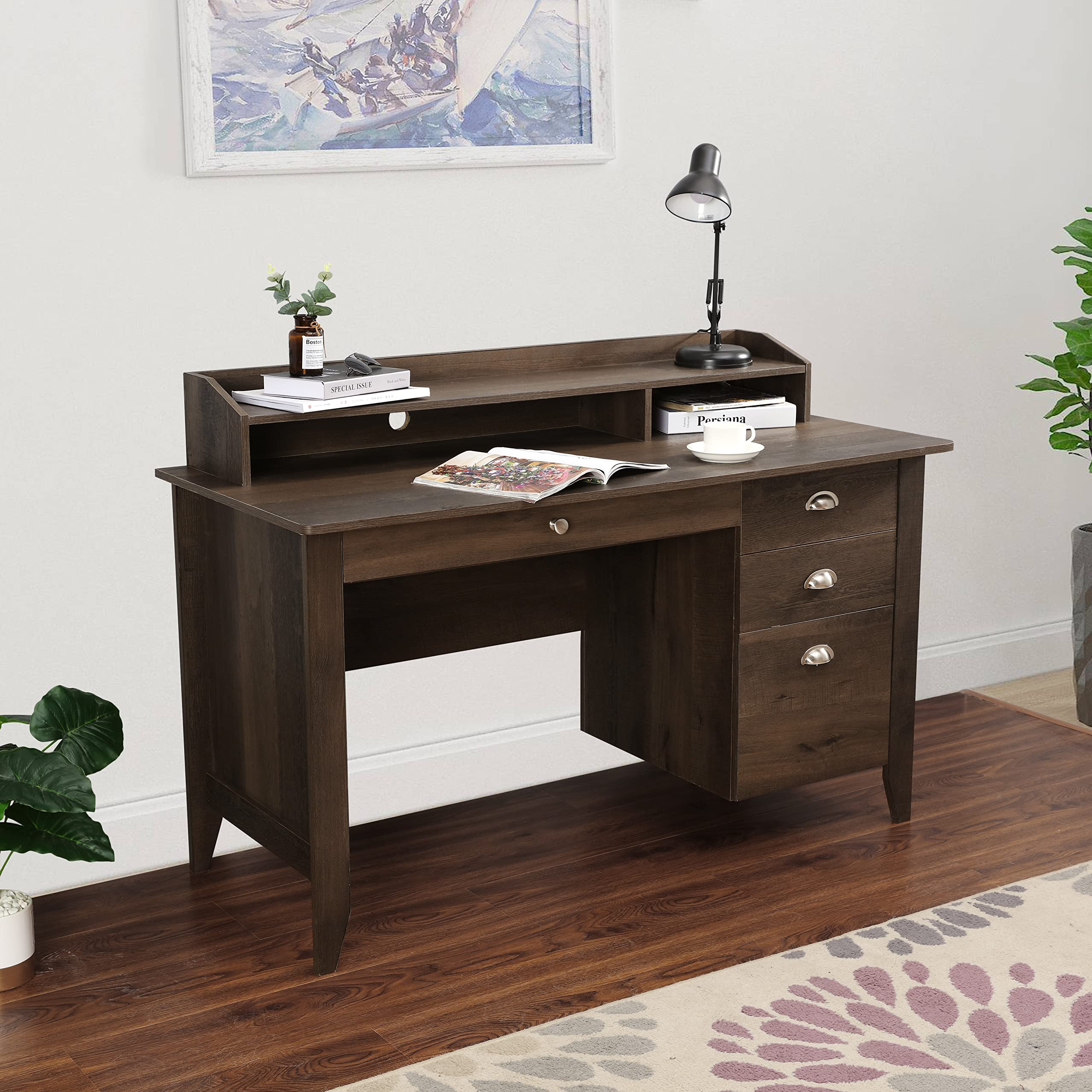 Premium LOKATSE HOME Executive Wooden Computer Desk with Drawers & Hutch - Modern Home Office Writing Study Desk for Professionals & Students (Perfect for Small Spaces, Remote Work & Online Learning)