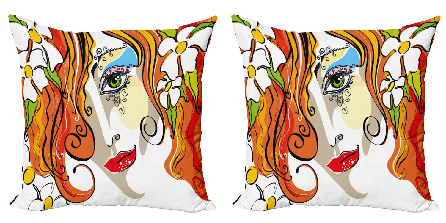 Ambesonne Abstract Throw Pillow Covers Pack of 2 - Digital Print Portrait of Young Woman with Red Hair & Flowers - Zippered Double-Sided Decorative Cushion Covers 20x20 Inch Multicolor - Perfect for Living Room, Bedroom & Sofa Decor