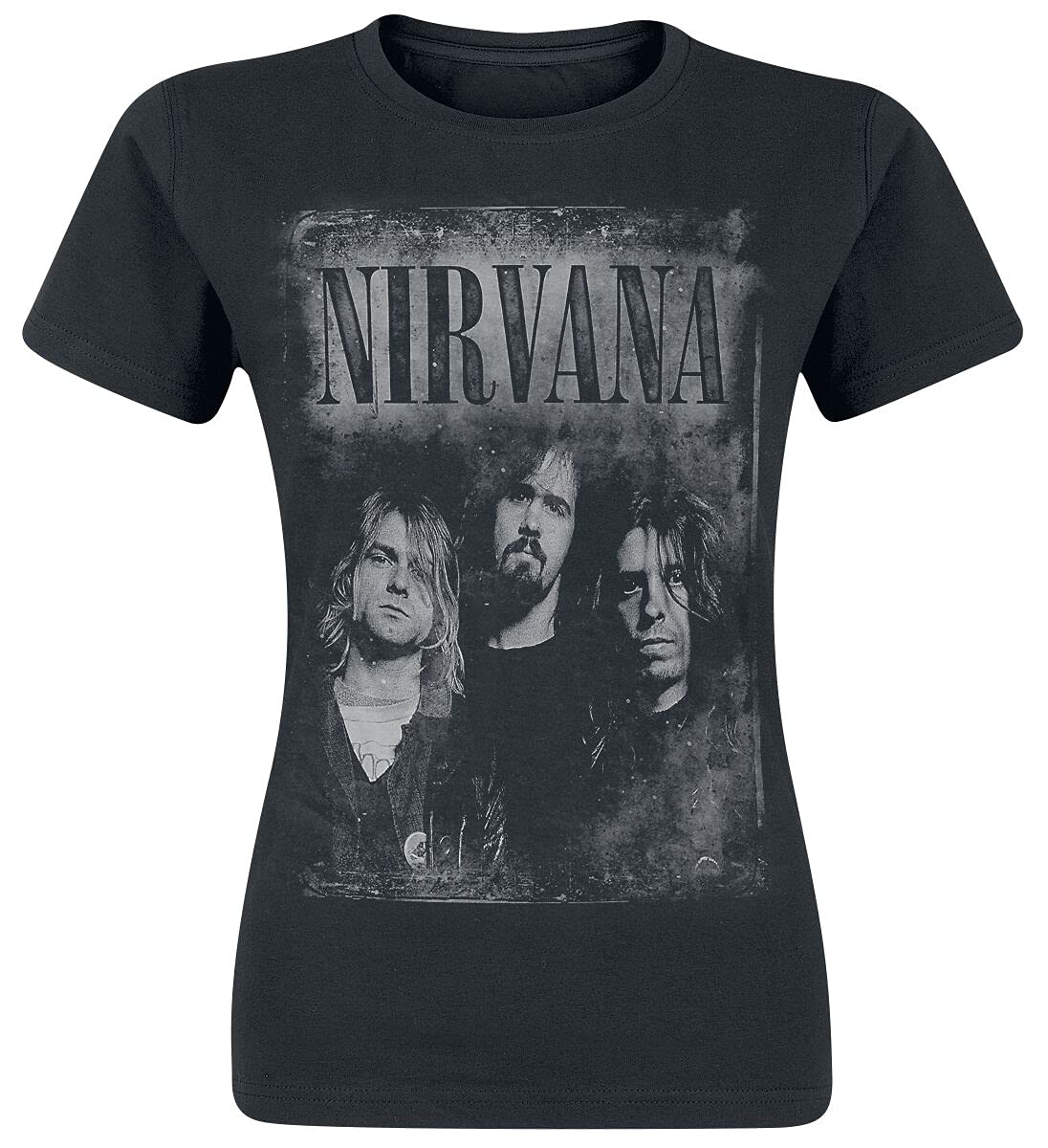 Official Nirvana Band Logo T-Shirt for Women - Faded Faces Graphic, Junior Fit, Black, Size M | Vintage Grunge Style for Concerts & Casual Wear
