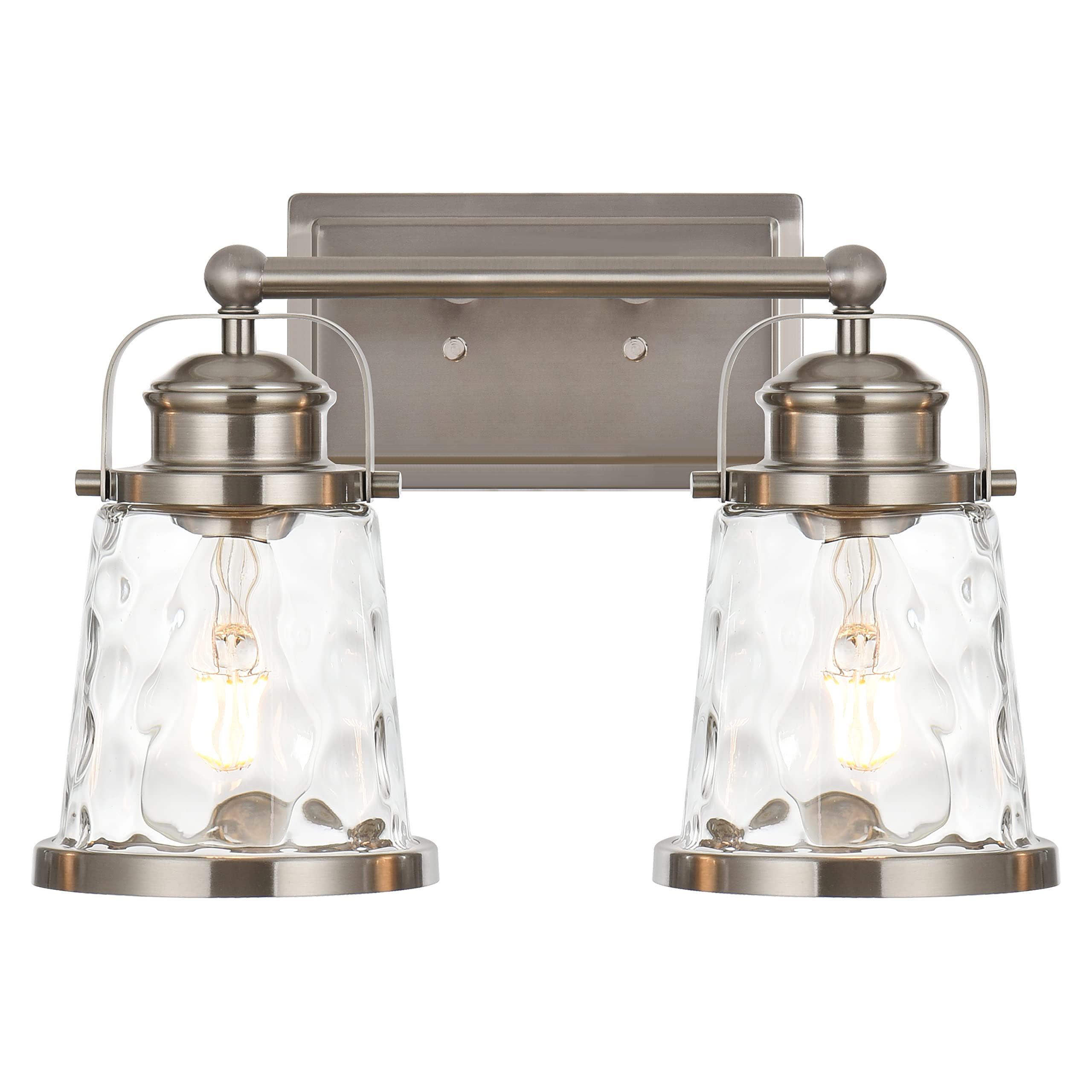 Lucidce Modern 2-Light Vanity Fixture - Brushed Nickel Bathroom Wall Sconce with Hammered Glass Shades for Mirror Lighting | Industrial Style Bathroom Vanity Light for Home & Hotel Decor