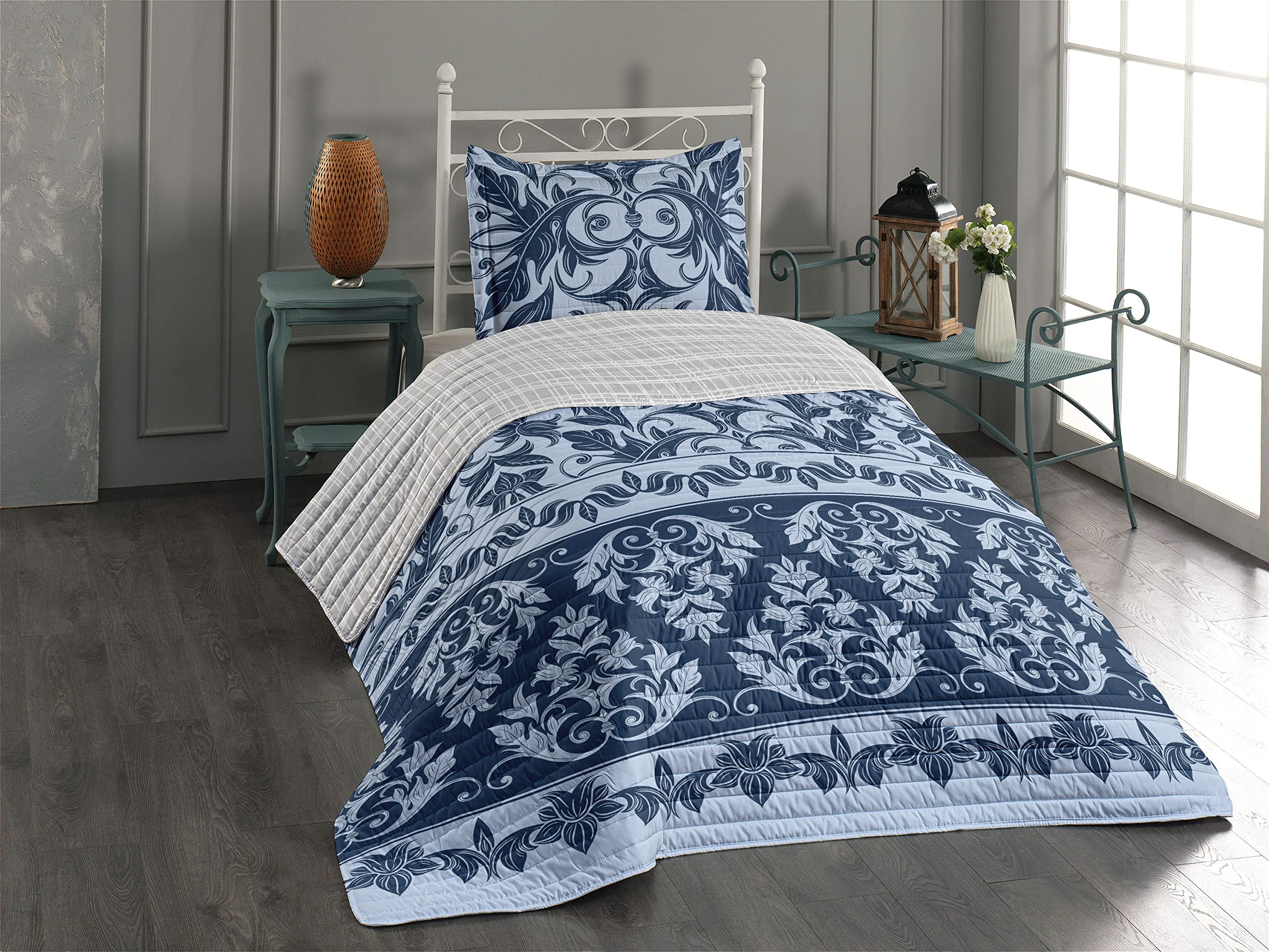 Ambesonne Vintage Reversible Bedspread Set - Classic Floral Renaissance Style with Entangled Leaves Art Deco Design | Microfiber Comforter & Pillow Shams | Twin Size Dark Sky Blue | Perfect for Bohemian Bedroom Decor & Guest Room Makeover