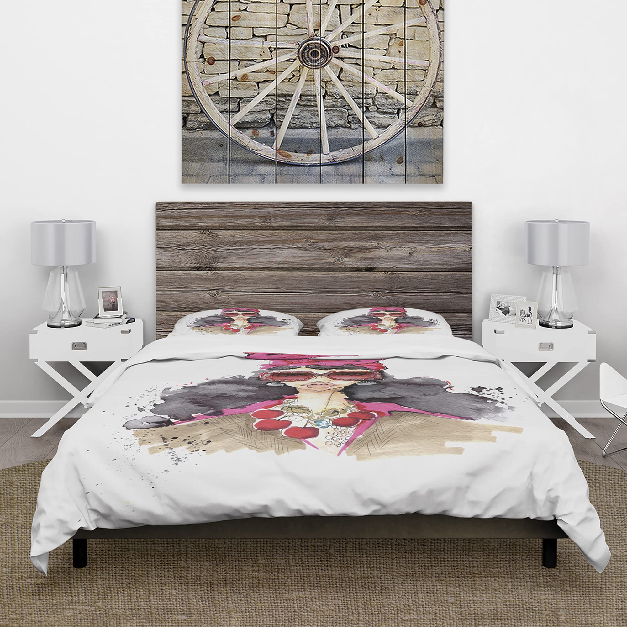 Trendy Girl in Sunglasses Modern Duvet Cover Set King - 3 Piece White Contemporary Bedding Set for All Seasons | Perfect for Master Bedroom, Guest Room & Dorm Decor