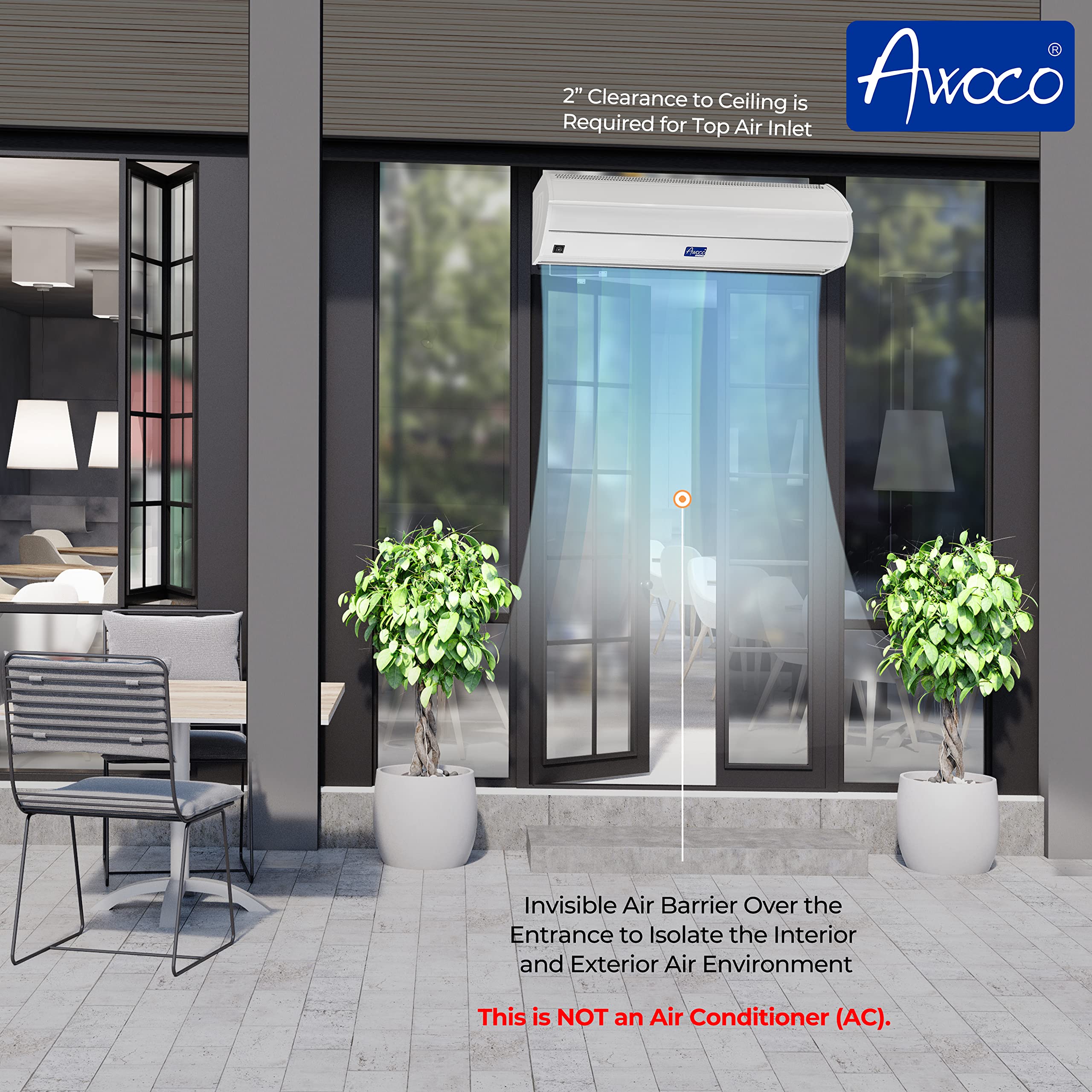Awoco 36-Inch 2-Speed 900 CFM Commercial Air Curtain for Doors - Magnetic Door Switch for Easy Installation - Ideal for Restaurants, Retail Stores & Offices