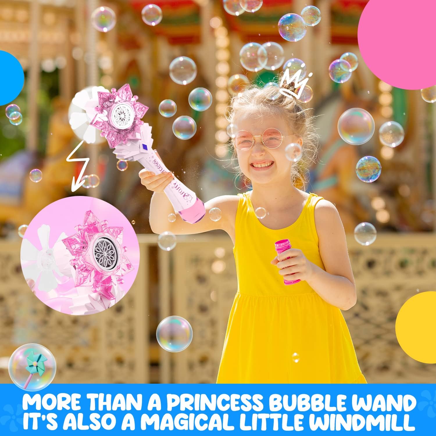 BELLOCHIDDO Princess Magic Wand Automatic Bubble Blower - Light Up Musical Snowflake Bubble Machine with Windmill & Bubble Solution, Frozen-Themed Birthday Gift for Girls (Perfect for Outdoor Play, Parties & Disney Princess-Themed Events)