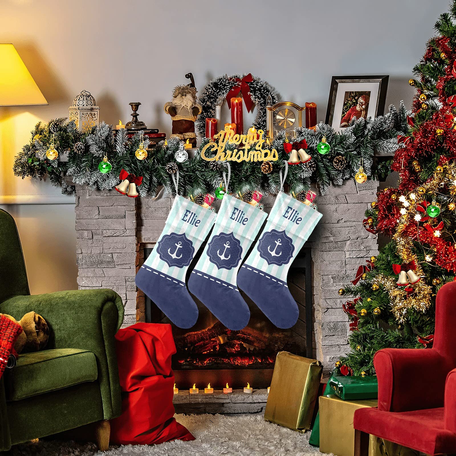 Personalized Nautical Anchor Christmas Stockings - Custom Name Embroidery for Adults, Kids, Babies & Pets | Large Family Holiday Stockings for Boys & Girls | Perfect Christmas Decor & Gift for Fireplace, Mantel & Holiday Celebrations