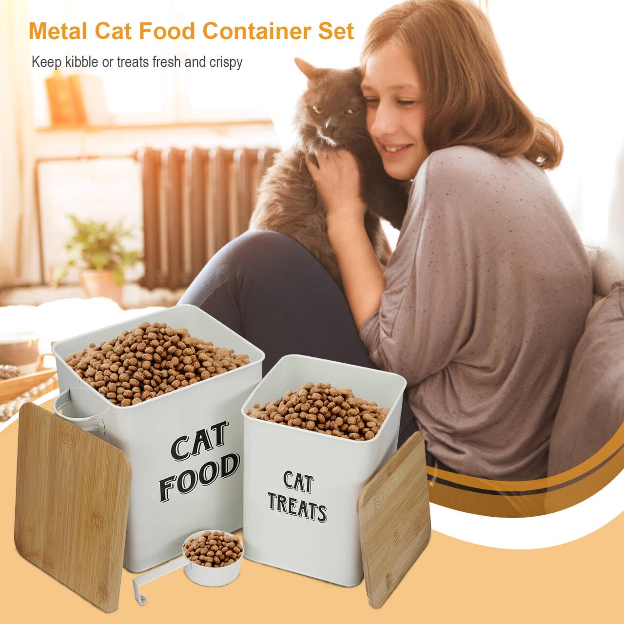 Premium Cat Food and Treat Storage Containers with Scoop - Airtight Wood Lids, Durable Coated Carbon Steel Canisters for Fresh Pet Food - Perfect for Kitchen Pantry Organization (White)