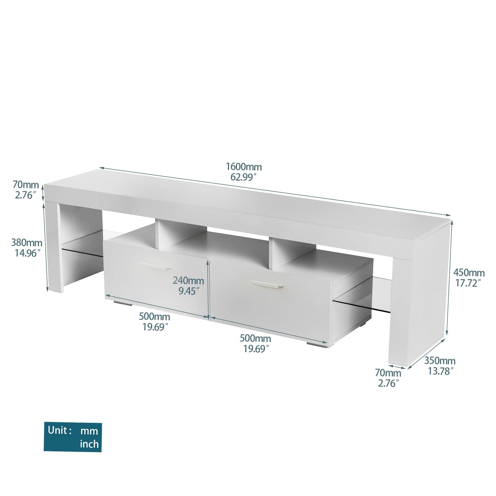 70 Inch White TV Stand with 16-Color LED Lights - High Gloss Entertainment Center with Large Storage Cabinet & Glass Shelves - Perfect for Living Room, Bedroom & Home Theater Setup