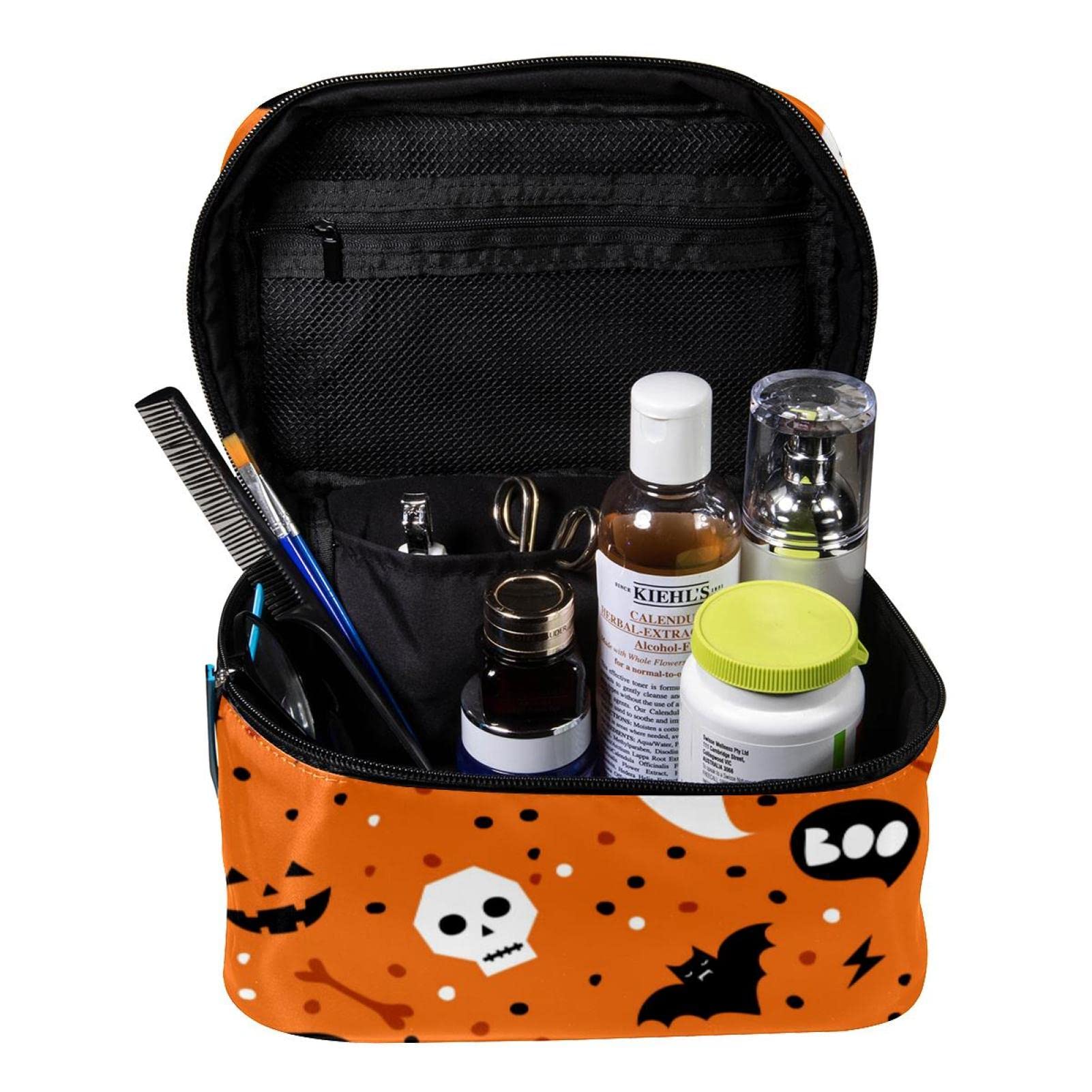 WARMFM Bat Ghost Skull Pattern Cosmetic Bag - Waterproof Travel Toiletry Organizer & Makeup Pouch for Women | Perfect for Halloween, Travel, Gym & Daily Use