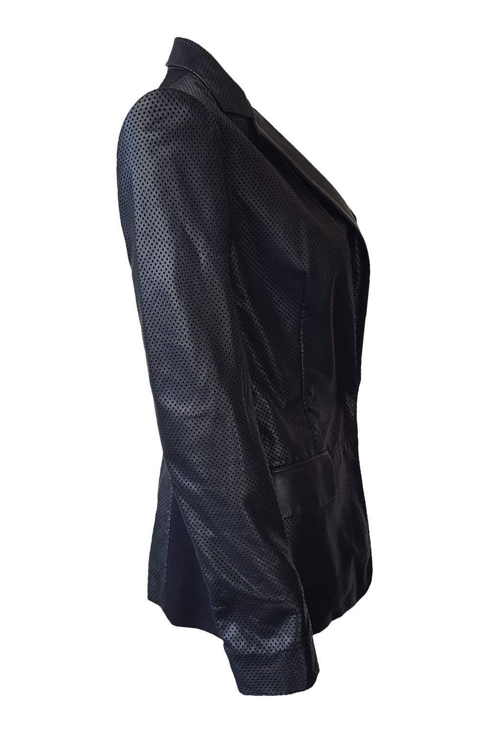 DKNY Black Lambskin Leather Perforated Blazer for Women - Size 4 | Premium Fashion Jacket for Office, Party & Evening Wear