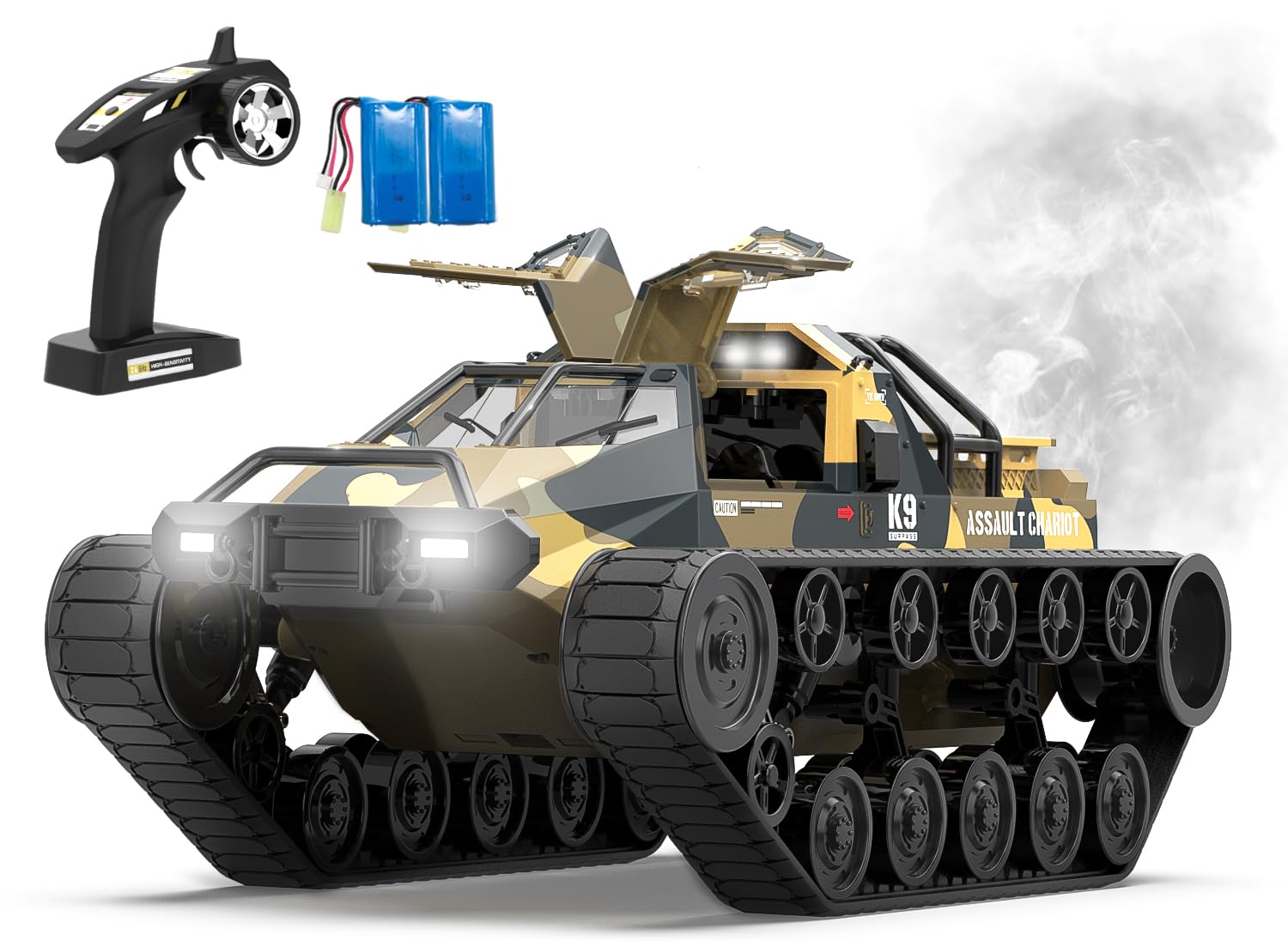 1:12 Scale 2.4Ghz Remote Control Tank - All Terrain 4WD Off-Road RC Crawler with 360° Rotating & Drifting, 2 Rechargeable Batteries - Perfect for Outdoor Adventure, Backyard Play & RC Hobbyists (Yellow)