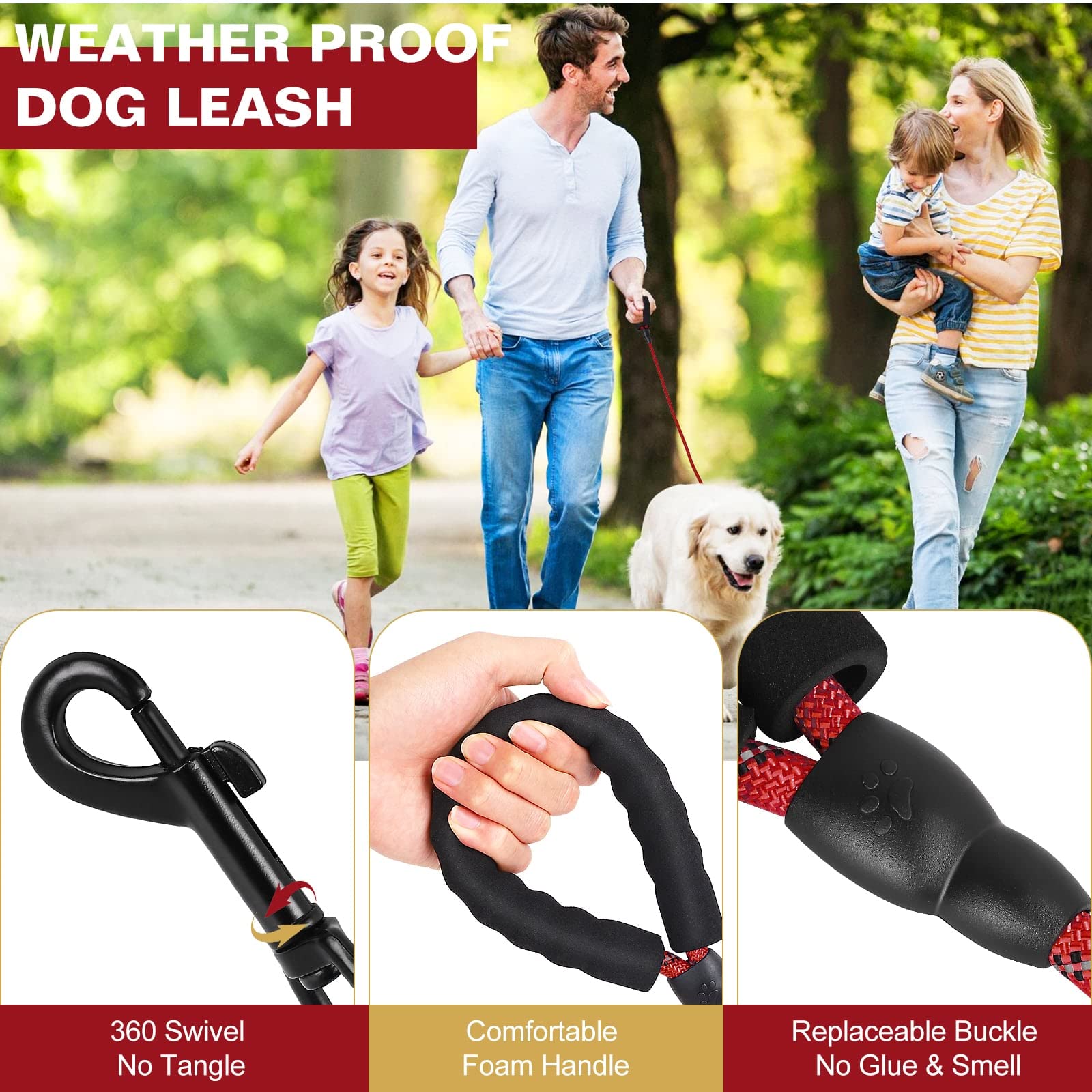 UrbanX Heavy Duty Dog Leash - 5FT Reflective Padded Handle Leash for Medium Dogs Like Frengles | Durable & Comfortable for Walking, Running & Night Safety (Red)