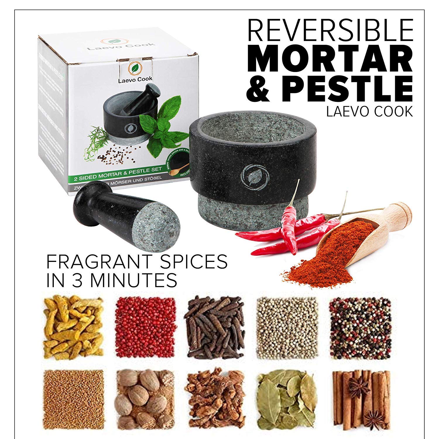 Premium Black Granite Mortar and Pestle Set - 2.1 Cup (5.5 Inch) Large Capacity Stone Spice Grinder & Molcajete - Perfect for Guacamole, Herbs, Spices, Garlic - Ideal for Mexican Cooking, Kitchen, Restaurants, and Home Use