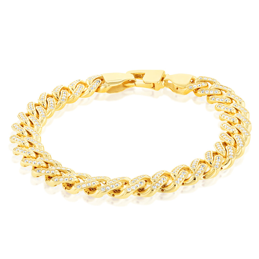 9ct Yellow Gold Curb Chain Bracelet with Fancy Zirconia - 19cm Adjustable Length for Women's Fashion & Gift Giving