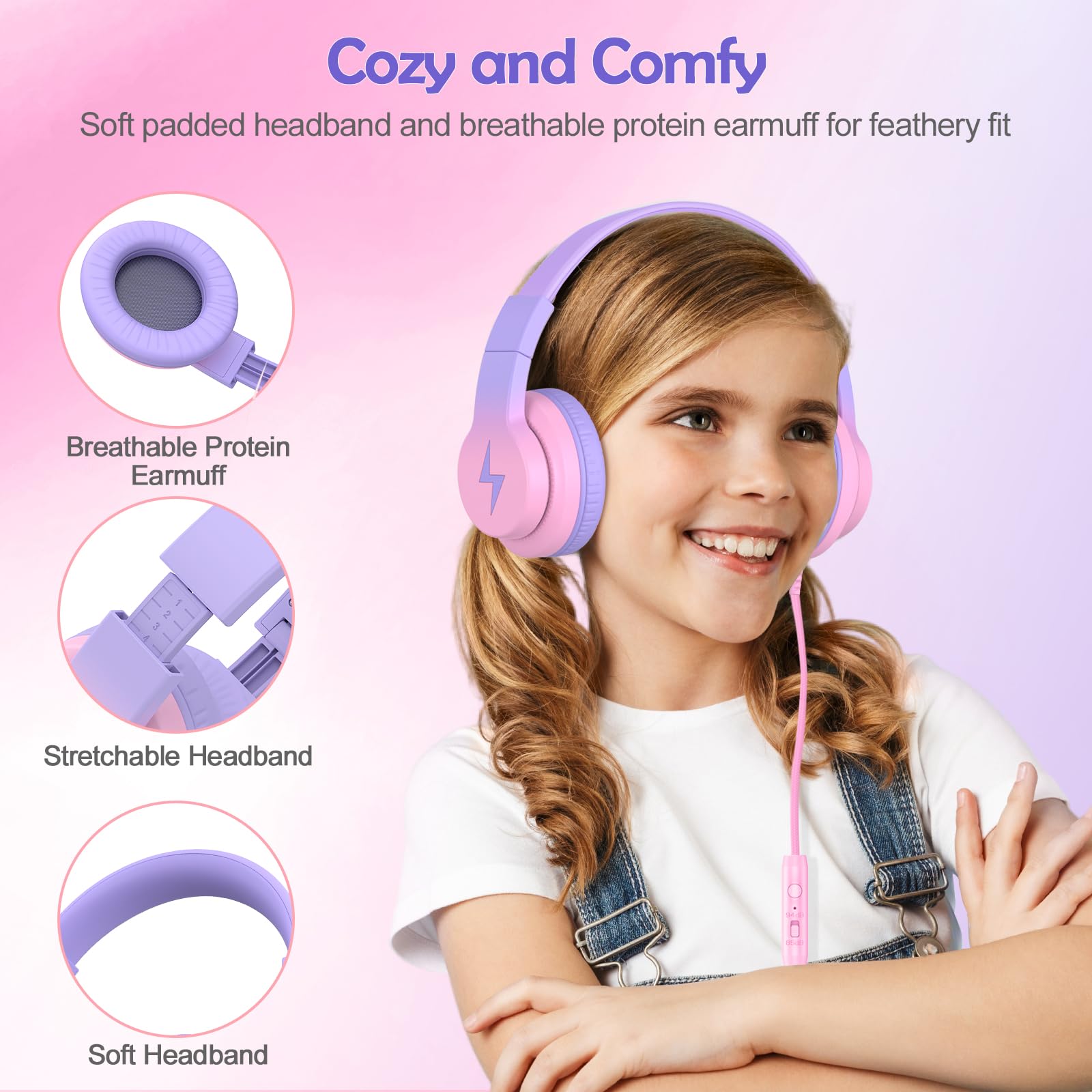 Kids Headphones with Microphone - 85/94dB Volume Limiting Wired Over-Ear Headphones for Boys & Girls, Foldable Design for School, Travel & Home Use - Gradient Red