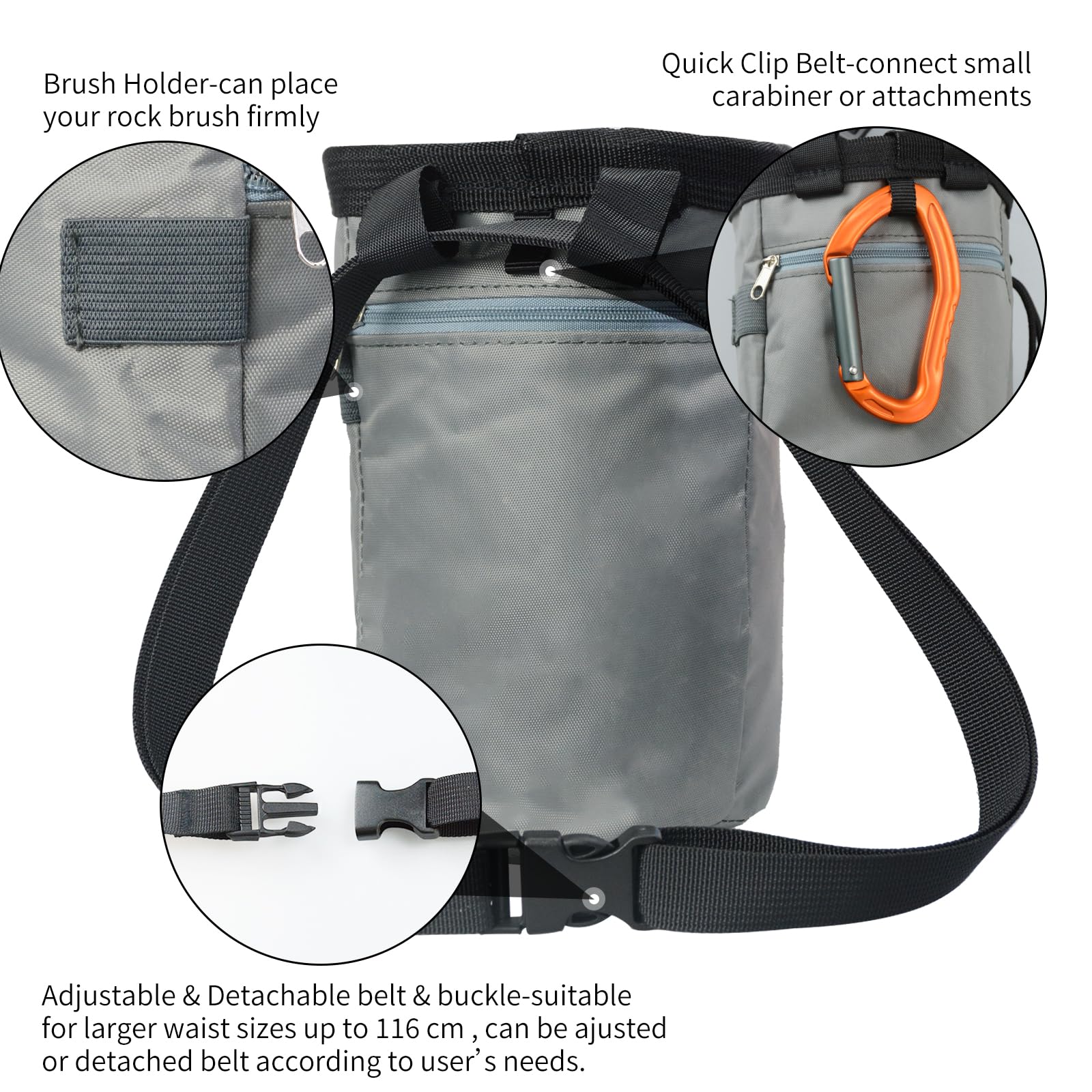 **Premium Rock Climbing Chalk Bag with Zippered Pocket & Drawstring Closure - Ideal for Climbing, Weightlifting, Gymnastics & Workouts (Gray)**    *Perfect for outdoor adventures, gym sessions, and intense training routines.*