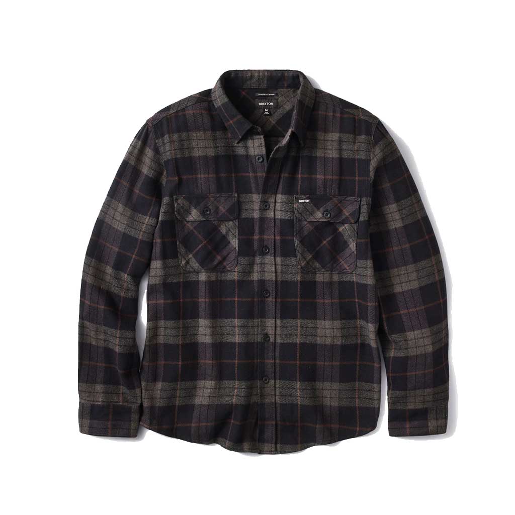 Brixton Bowery Long Sleeve Flannel Shirt - Black & Charcoal Plaid for Men | Casual & Outdoor Wear