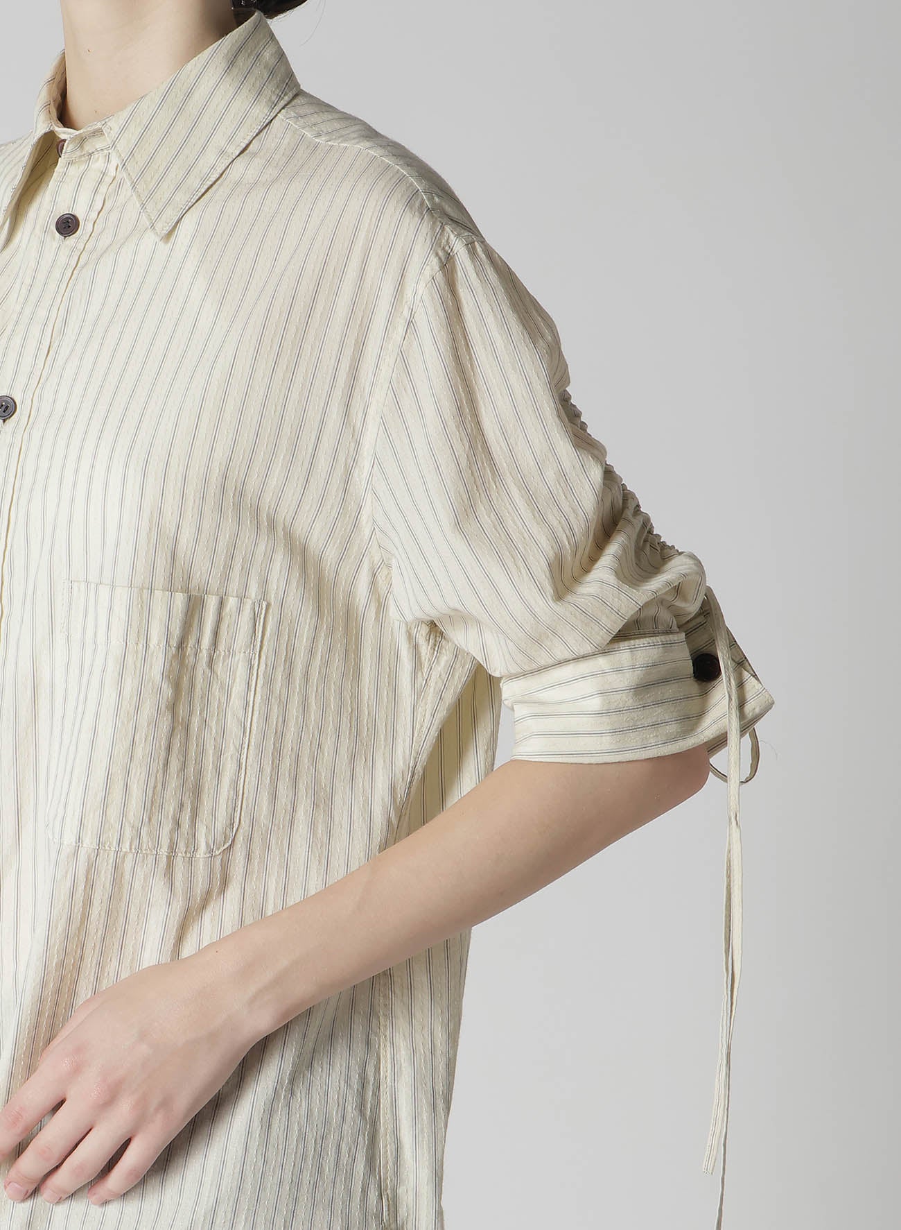 DOBBY STRIPE SHIRRING SLEEVE SHIRT - Women's Fashion Blouse with Ruffled Sleeves for Casual Wear, Office Outfits & Date Nights