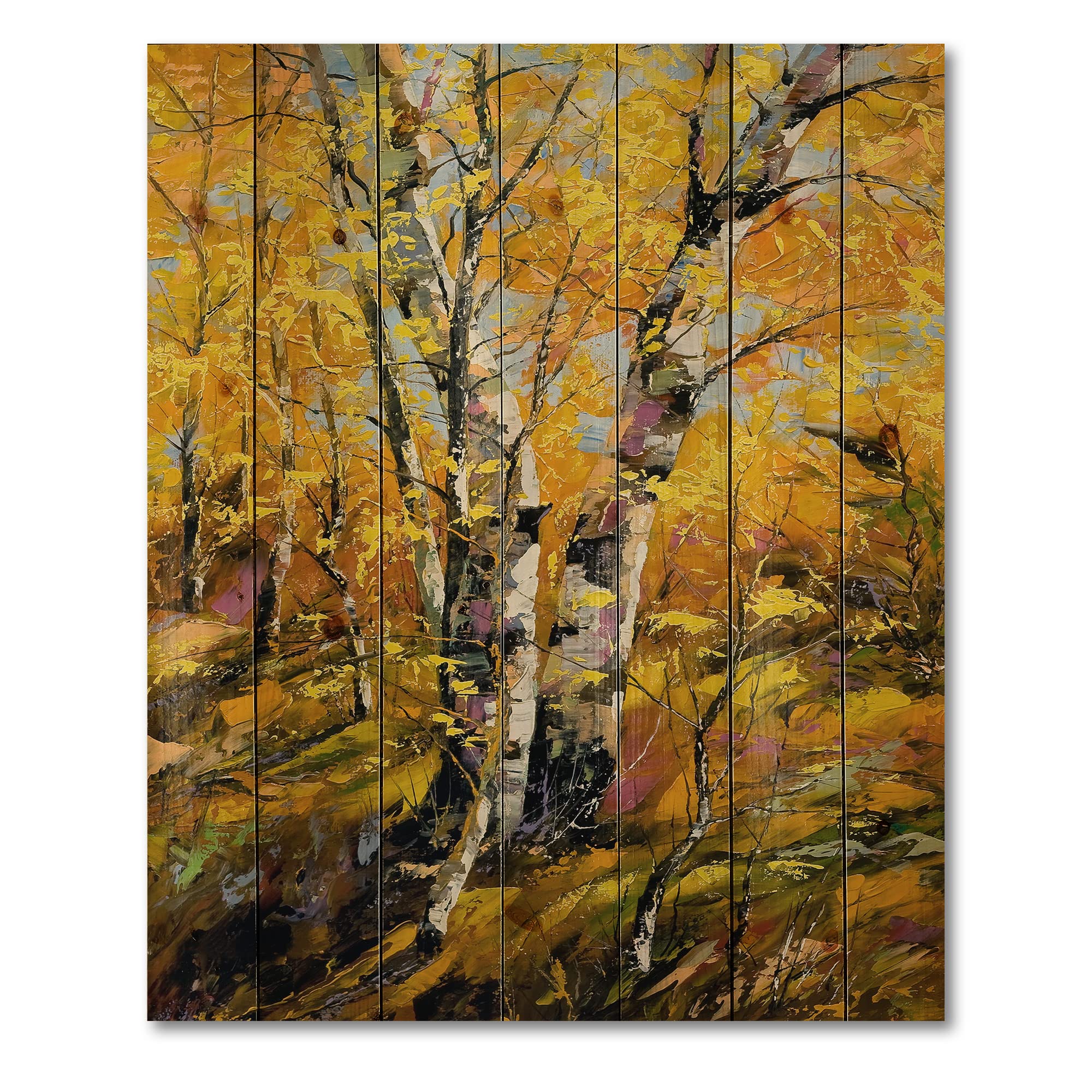 DesignQ Yellow Autumn Birch Trees Wood Wall Art - Large Country Landscape Panel Decor Printed on Natural Pine Wood - Perfect for Living Room, Bedroom, or Cabin Decor