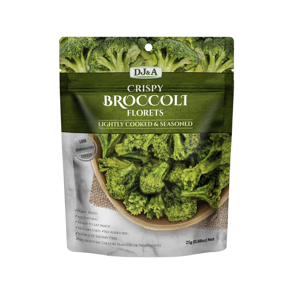 DJ&A Crispy Broccoli Florets - 12 Pack (25g Each) | Healthy Vegan Snacks | Gluten-Free & Non-GMO | Perfect for On-the-Go, Lunch Boxes & Keto Diet