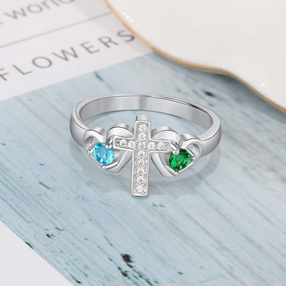 Personalized Sterling Silver Mother's Ring with 2 Birthstones & Names - Custom Engraved Cross Ring for Women, Mom, Grandma, Wife, Daughter - Perfect Mother's Day Gift, Promise Ring & Keepsake Jewelry for Special Occasions