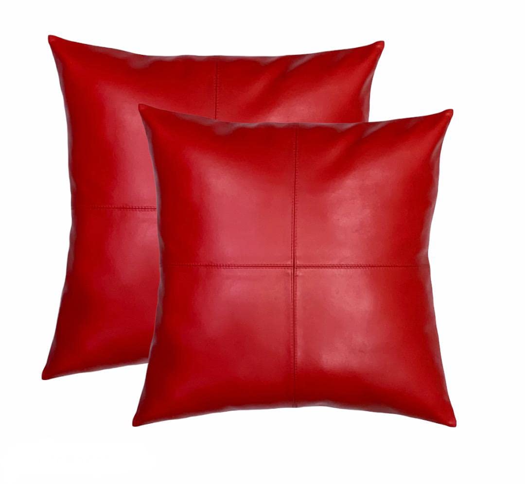 Premium 100% Leather Throw Pillow Covers - Modern Boho Farmhouse Square Decorative Cushion Cases for Bedroom, Living Room, Couch, Sofa, Chair & Car (22x22 Inches, Red, Set of 2) - Perfect for Home Decor, Cozy Comfort & Stylish Accents