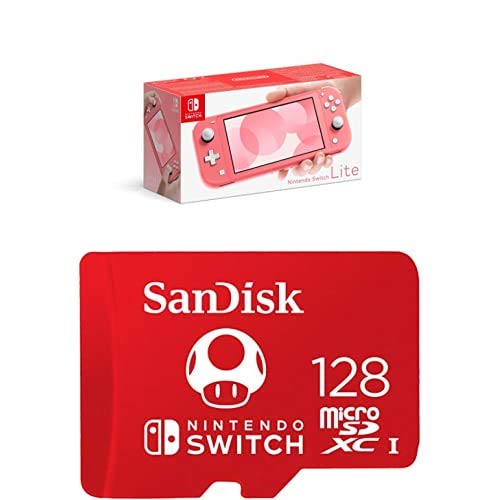 Nintendo Switch Lite Coral Console with SanDisk 128GB microSDXC UHS-I Card - Official Licensed Bundle for Portable Gaming | Perfect for Travel, Commuting & On-the-Go Entertainment