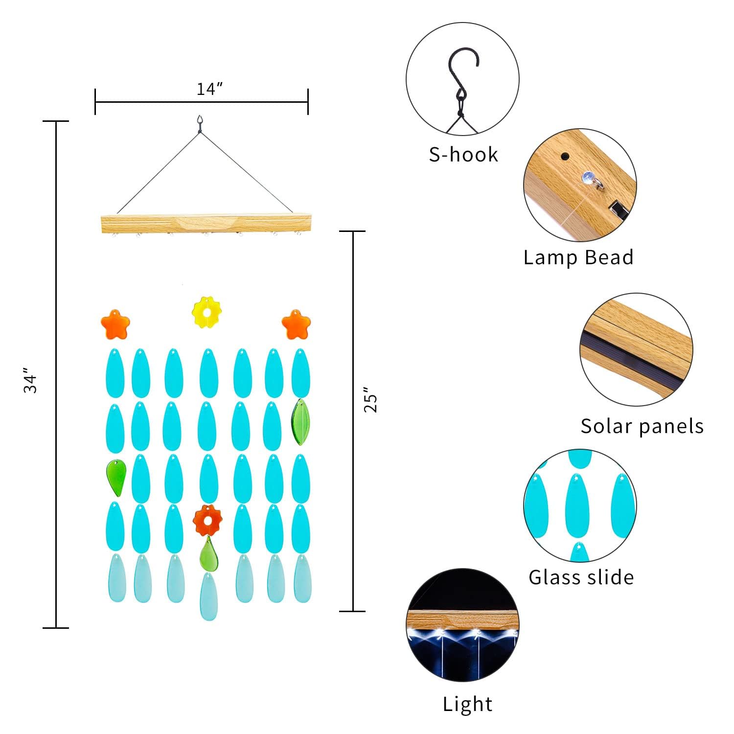 Solar Powered Wind Chimes with LED Lights - Handcrafted Glass Outdoor Wind Chime Decor for Garden, Patio, Yard | Perfect for Relaxing Evenings & Zen Atmosphere