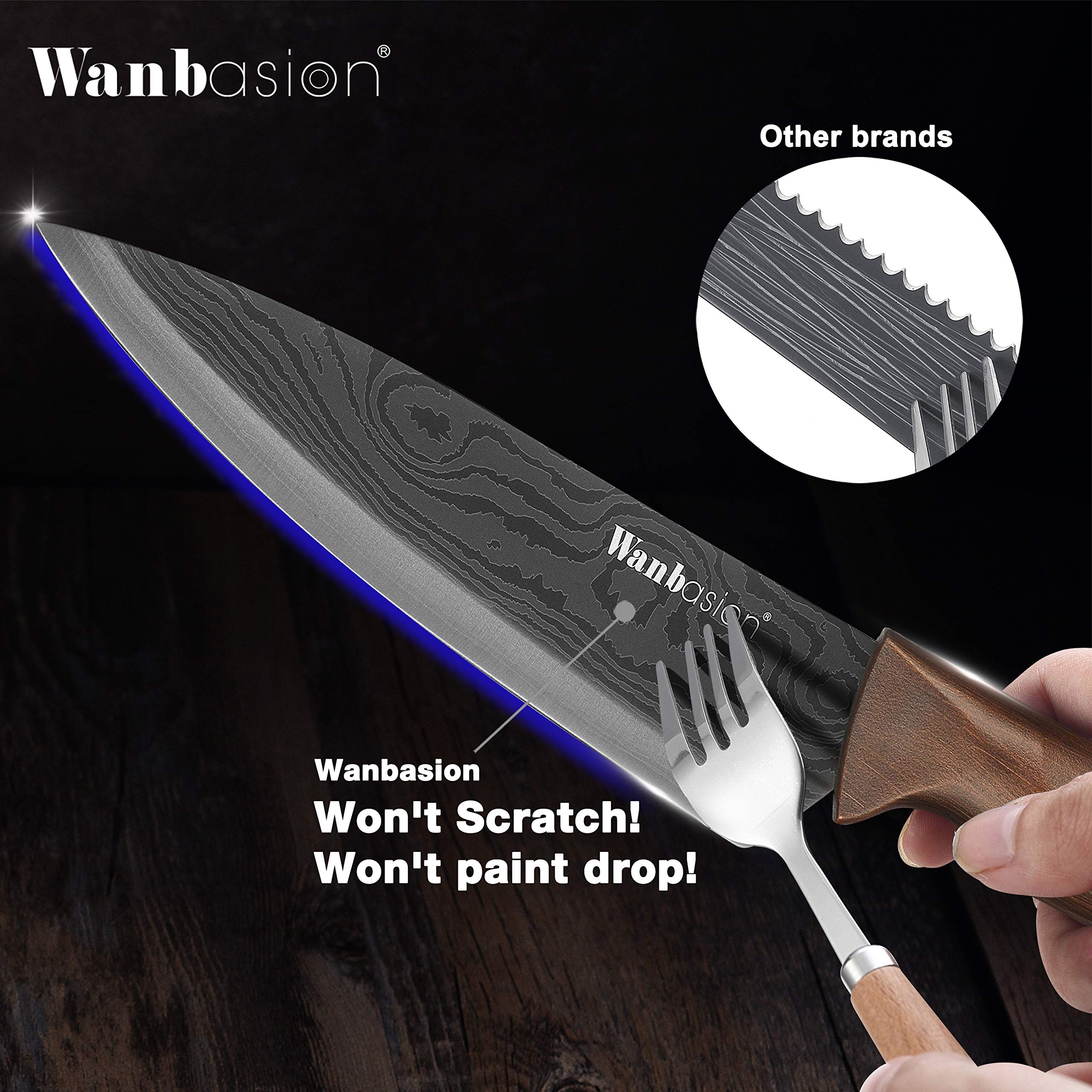 Wanbasion Matte Black Titanium Plated Stainless Steel Professional Chef Knife Set, Dishwasher Safe Damascus Style Kitchen Knives for Home Cooking and Gourmet Prep