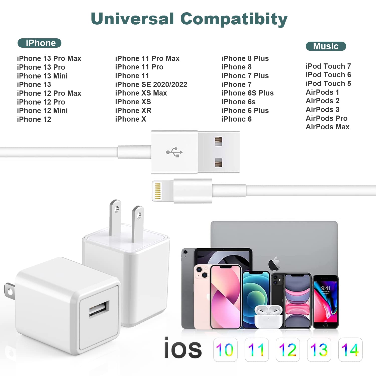 Fast Charging Cube iPhone Charger 2-Pack with 6FT Lightning Cable - Quick Charge USB Wall Adapter & Travel Plug for iPhone 14/13/12/11/X/8/7/SE, iPad & AirPods - Perfect for Home, Office & Travel Use