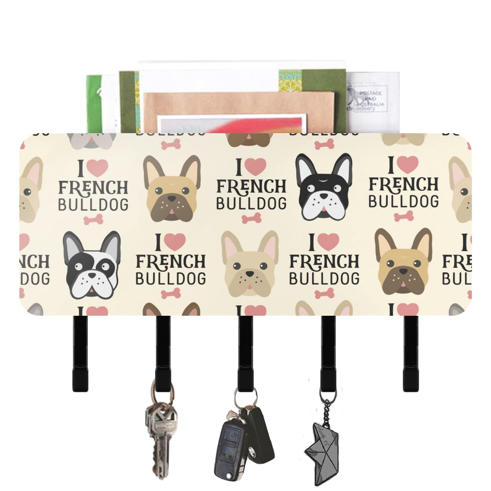 Vintage French Bulldog Wall Key Holder with 5 Hooks - Key Rack Organizer & Mail Holder for Entryway, Farmhouse, Mudroom, Kitchen & Home Office - Rustic Home Decor for Keys, Letters & Small Essentials