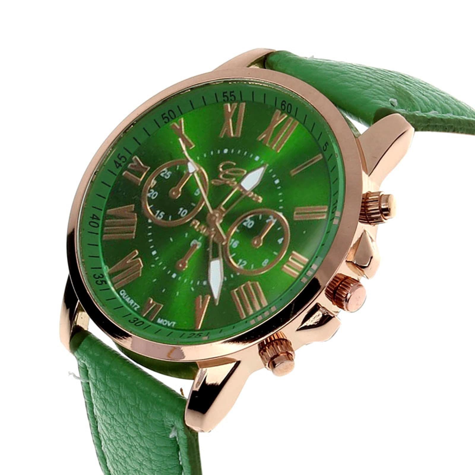 Elegant Women's Metal Watch with Roman Numerals & Faux Leather Band - Analog Quartz Movement, Battery-Free Green Watch for Office, Party & Everyday Wear