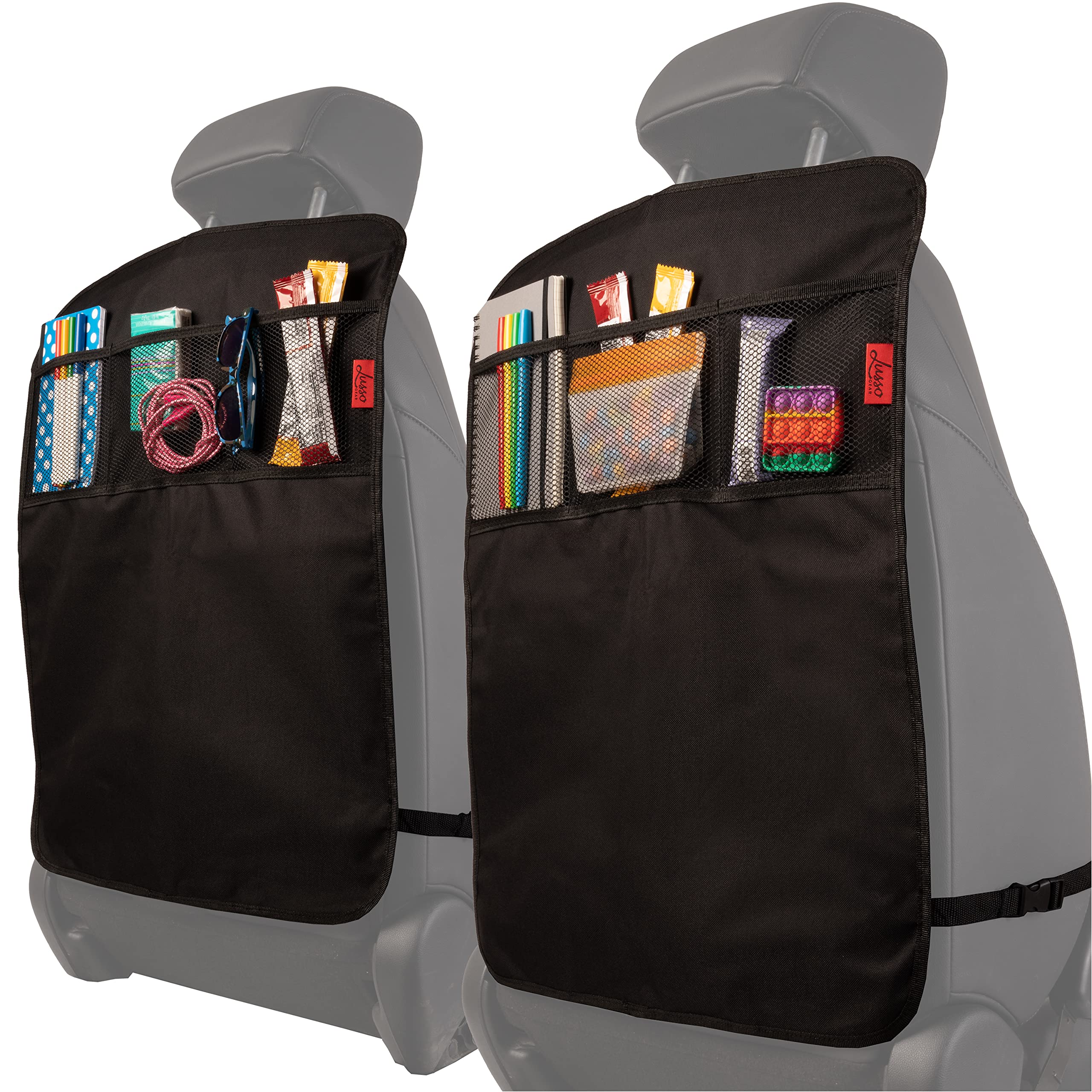 Lusso Gear Back Seat Cover for Kids (2 Pack) - Premium Waterproof Car Seat Protector with Kick Mats & 3 Storage Pockets - Protects Against Mud, Scratches & Spills - Ideal for Family Road Trips, School Runs & Pet Travel (Black)