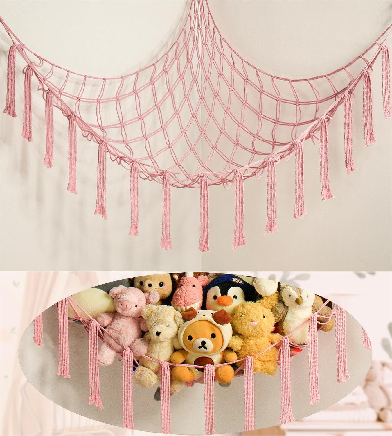 Soft Pink Stuffed Animal Storage Hammock Net - Large Hanging Toy Organizer for Kids' Room Decor - Perfect for Nursery, Playroom & Bedroom Organization