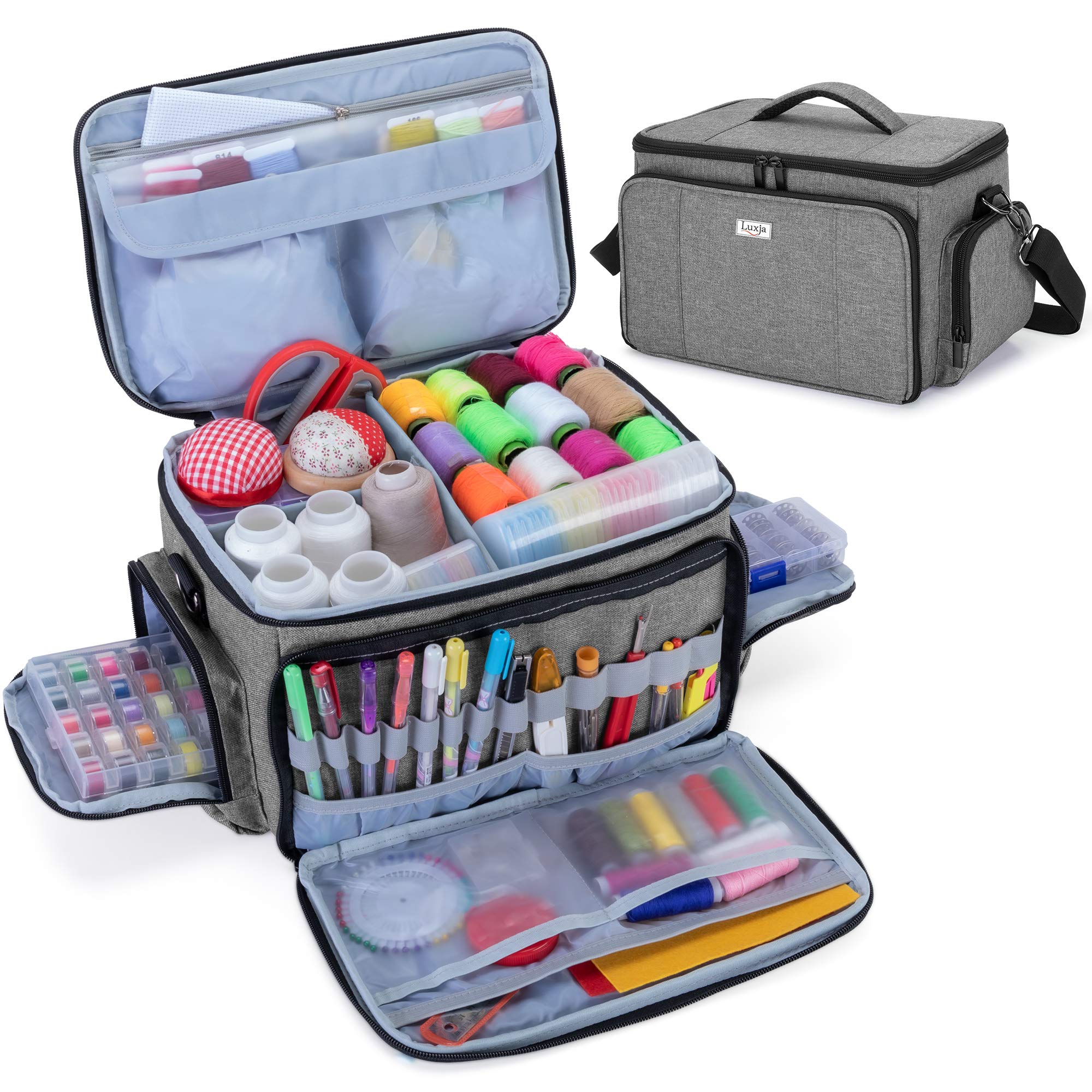 Luxja High Capacity Sewing Accessories Organizer Bag with Adjustable Shoulder Strap - Patent Design Gray Sewing Supplies Storage for Quilting, Embroidery & Craft Projects at Home or Travel