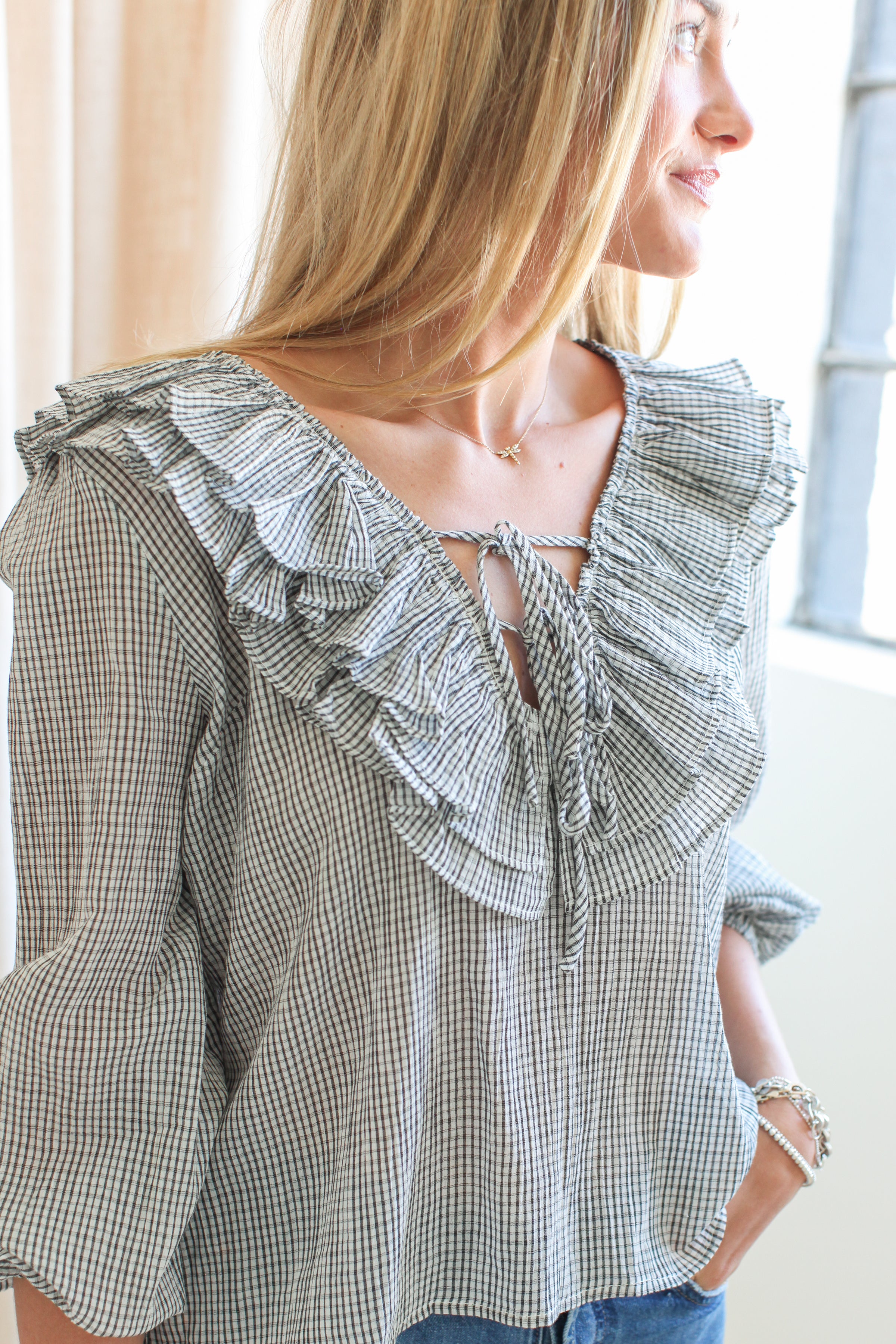 Rachelle Ruffle Blouse Plaid - Women's Stylish Floral Print Ruffle Top for Casual Wear & Office Outfits