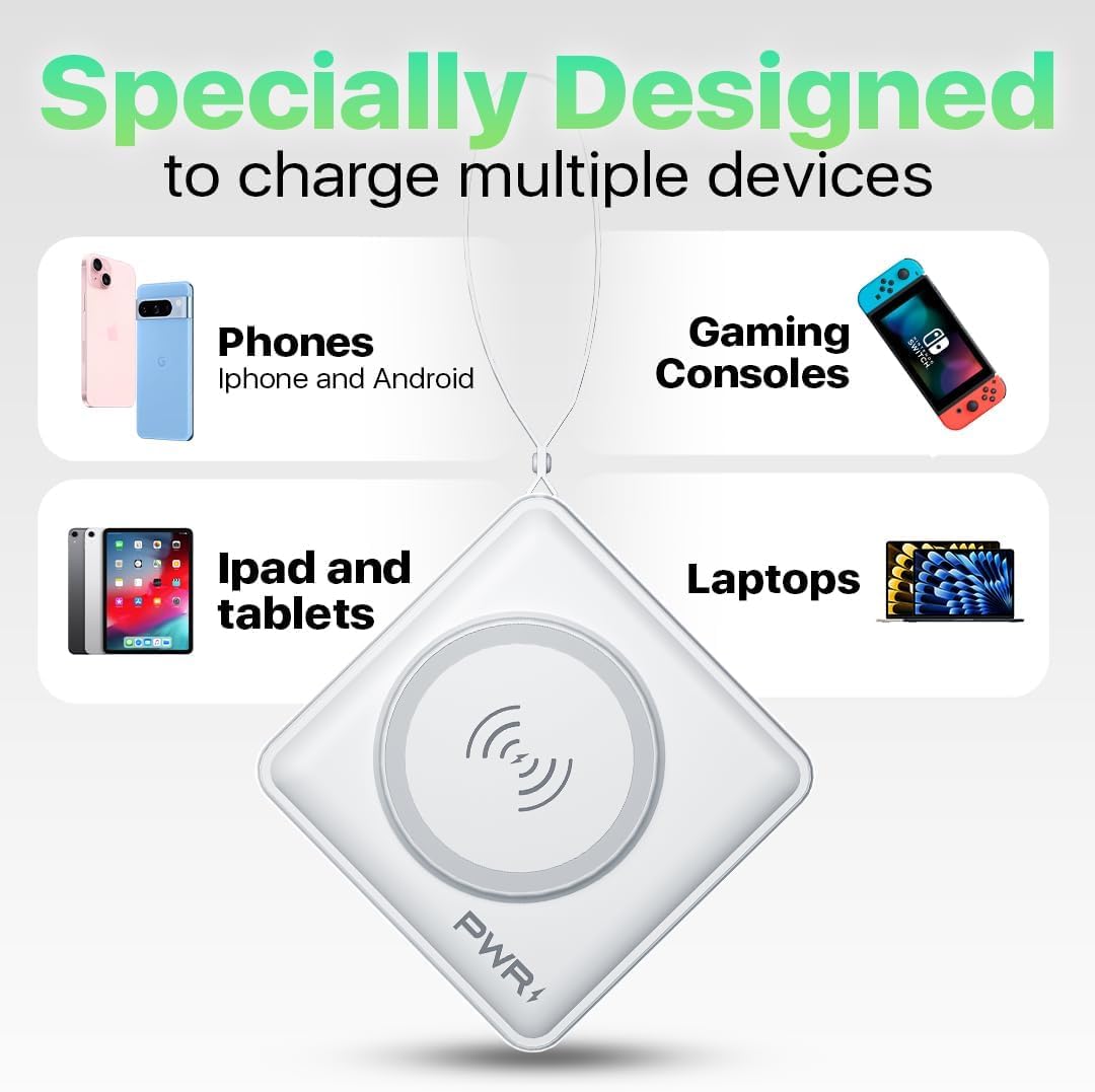 PWR Travel PRO 5-in-1 Power Bank with 10,000mAh Battery - 20W PD & 15W Wireless Fast Charging - Portable Charger for iPhone, Samsung, AirPods - Perfect for Travel, Camping & Emergency Power Backup (White)